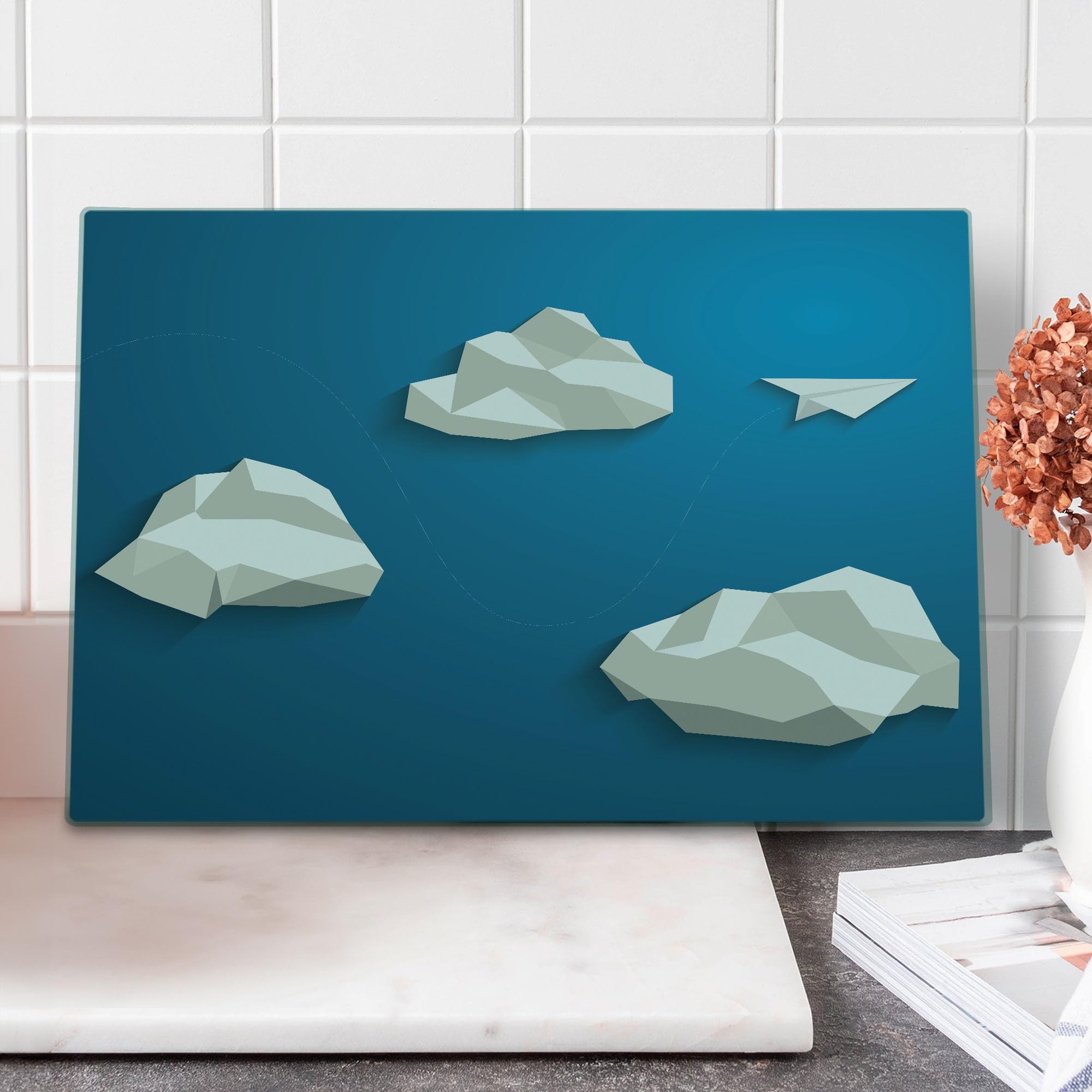 Ambesonne Modern Abstract Cloud Cutting Board - Blue & White Tempered Glass Serving Board with Paper Plane Design, Large Size for Kitchen & Dining Decor | Perfect for Entertaining, Cheese Platters, and Unique Gift Ideas