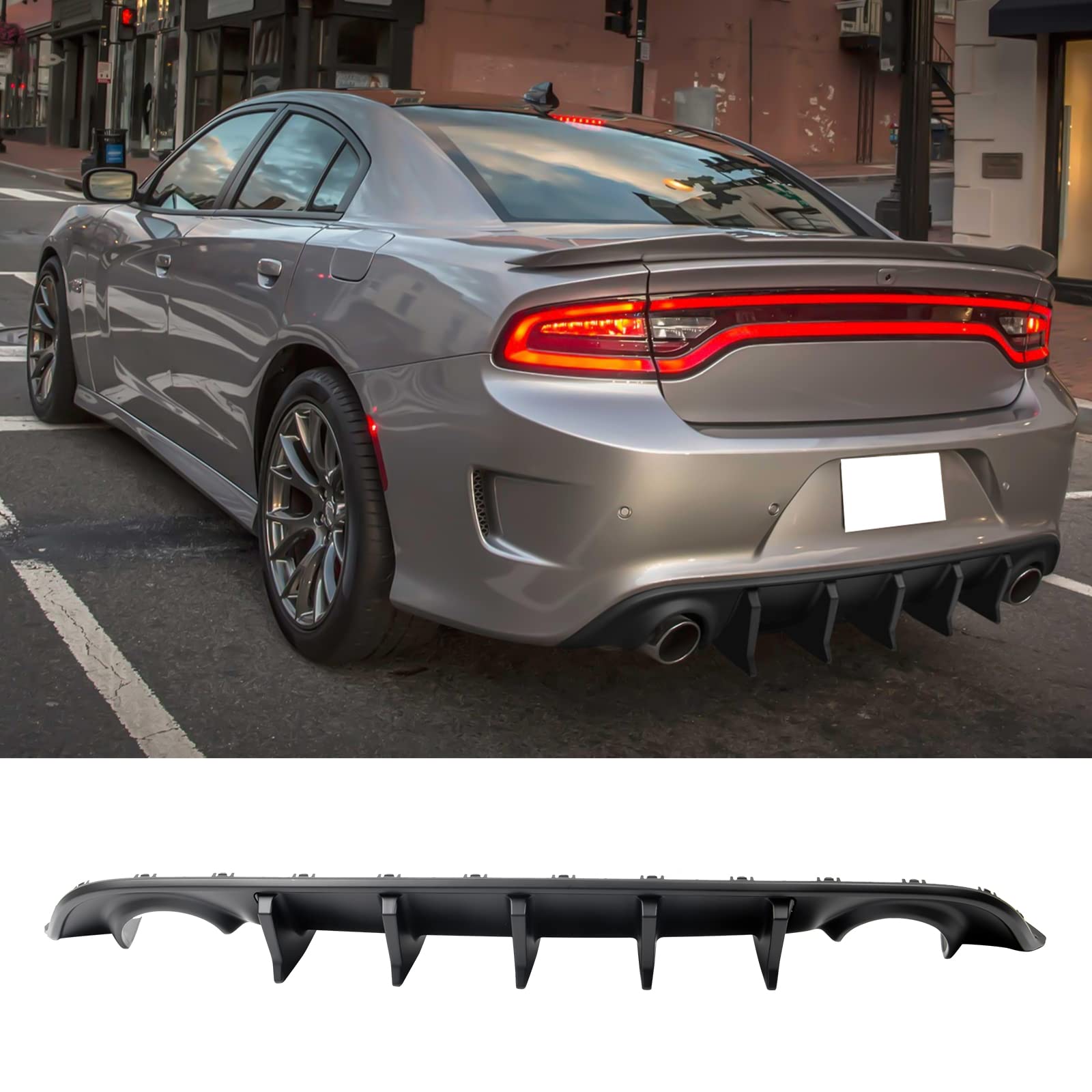 FREEMOTOR802 Rear Bumper Diffuser Compatible with 2015-2023 Dodge Charger | IKON V2 Style Matte Black Lip Kit (2PC) | PP Material Shark Fin Design | Enhances Sporty Look & Protects Bumper