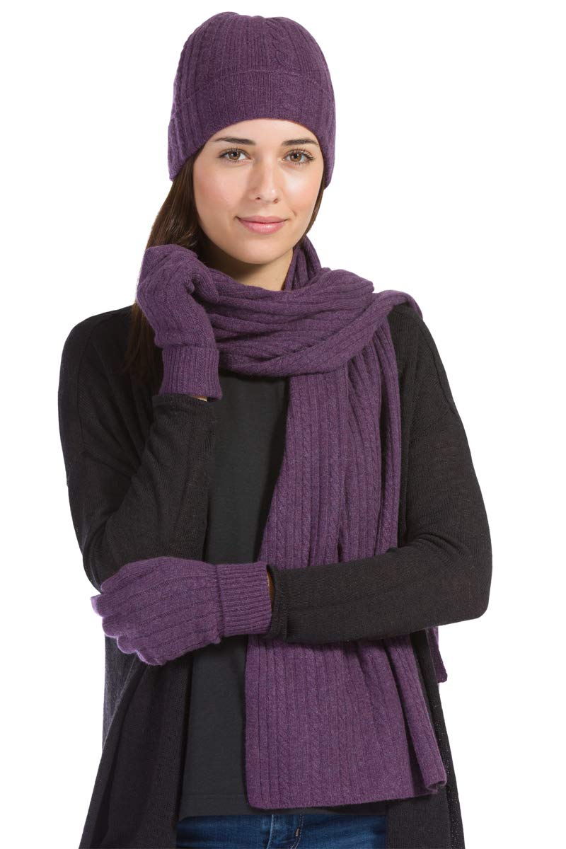 Fishers Finery Women's Pure Cashmere Cable Knit Hat, Gloves & Scarf Set - Winter Warm Accessories Gift Box - Perfect for Cold Weather, Skiing & Holiday Gifts
