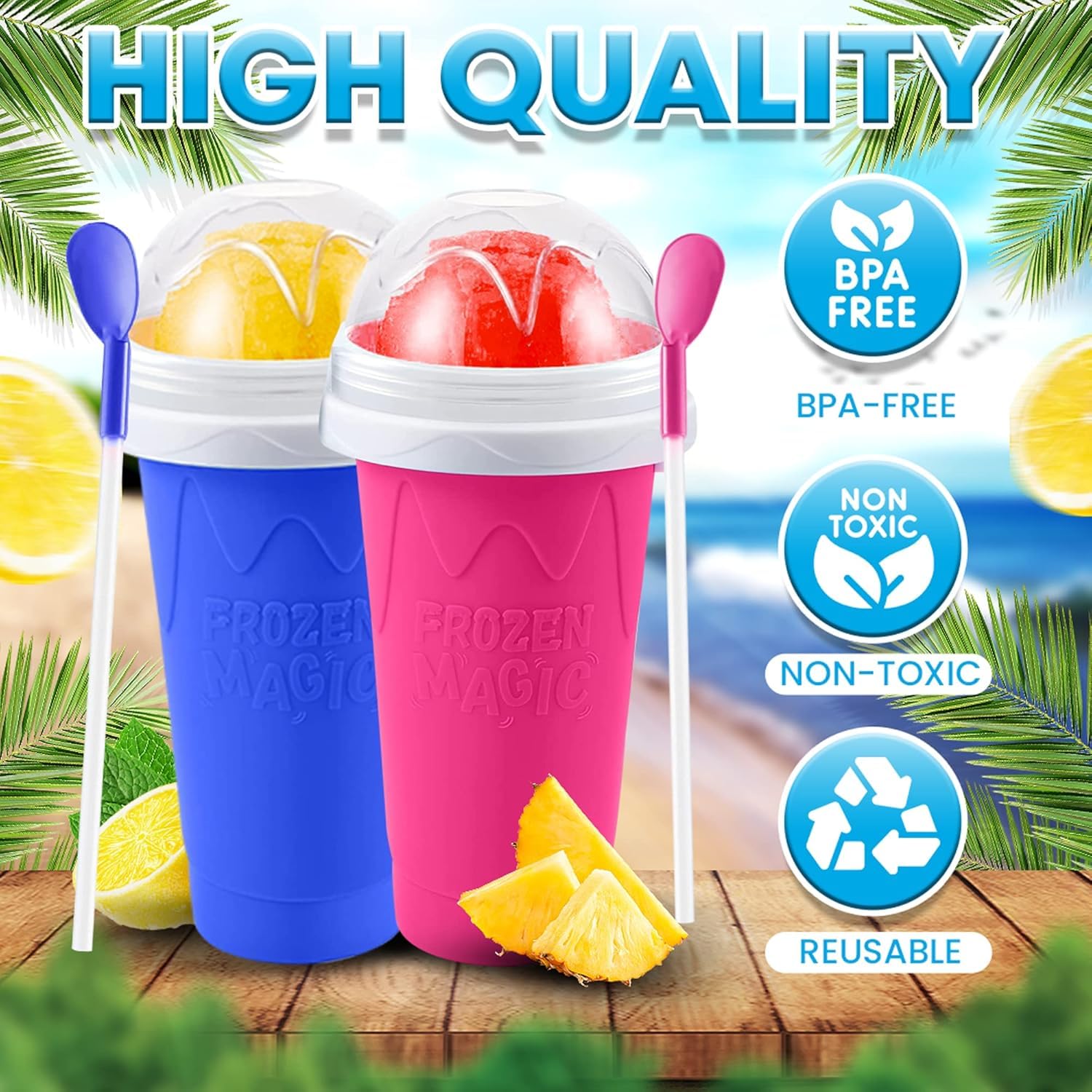 2 Pack Magic Slushie Cup - Instant Frozen Slushy Maker, Double-Layer Reusable Drink Cup for Homemade Slushies, Smoothies & Summer Beverages - Perfect for Parties, BBQs & Outdoor Activities