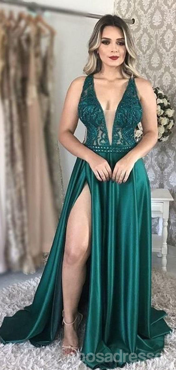 Elegant Green A-Line V-Neck High Slit Long Prom Dress for Evening Party | Formal Gown for Homecoming, Wedding Guest & Special Occasions