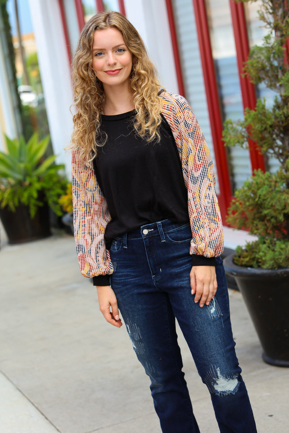 Stylish Black Abstract Print Textured Bubble Sleeve Top for Women | Trendy Blouse for Party, Date Night & Casual Outfits | Fashionable Long Sleeve Shirt for Fall & Winter