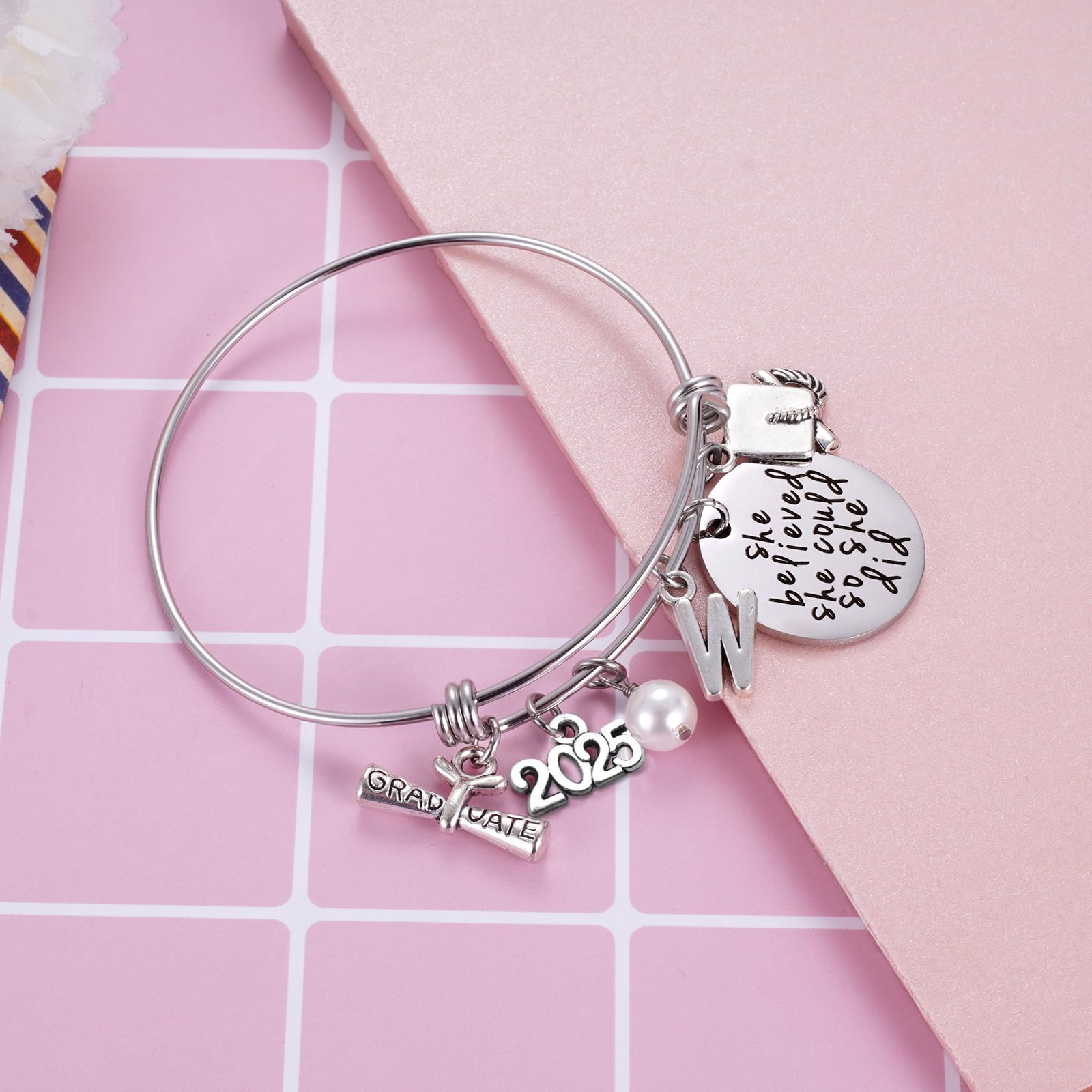 Ukodnus Class of 2025 Graduation Gift Bracelet - Personalized 26 Initial Charm Bracelet for High School & College Seniors - Inspirational Graduation Jewelry for Women - Perfect Gift for Graduation Ceremony, Senior Week & Alumni Reunions