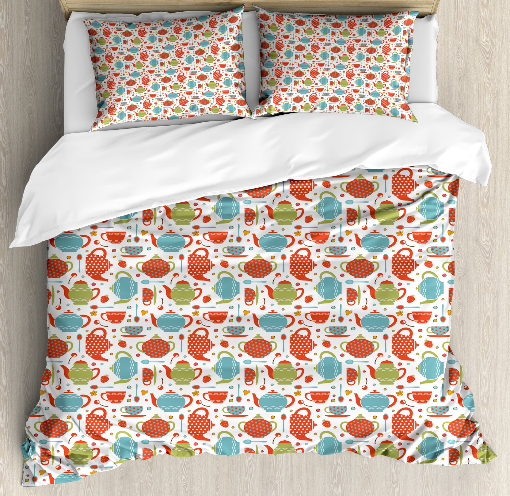 Ambesonne Tea Party Duvet Cover Set - Vibrant Colorful Tea Illustration with Teapots, Cups & Spoons on Polka Dot Pattern | 3-Piece King Size Bedding Set with 2 Pillow Shams in Blue, Green & Red | Perfect for Girls' Bedroom, Nursery Decor or Whimsical Tea-Themed Parties