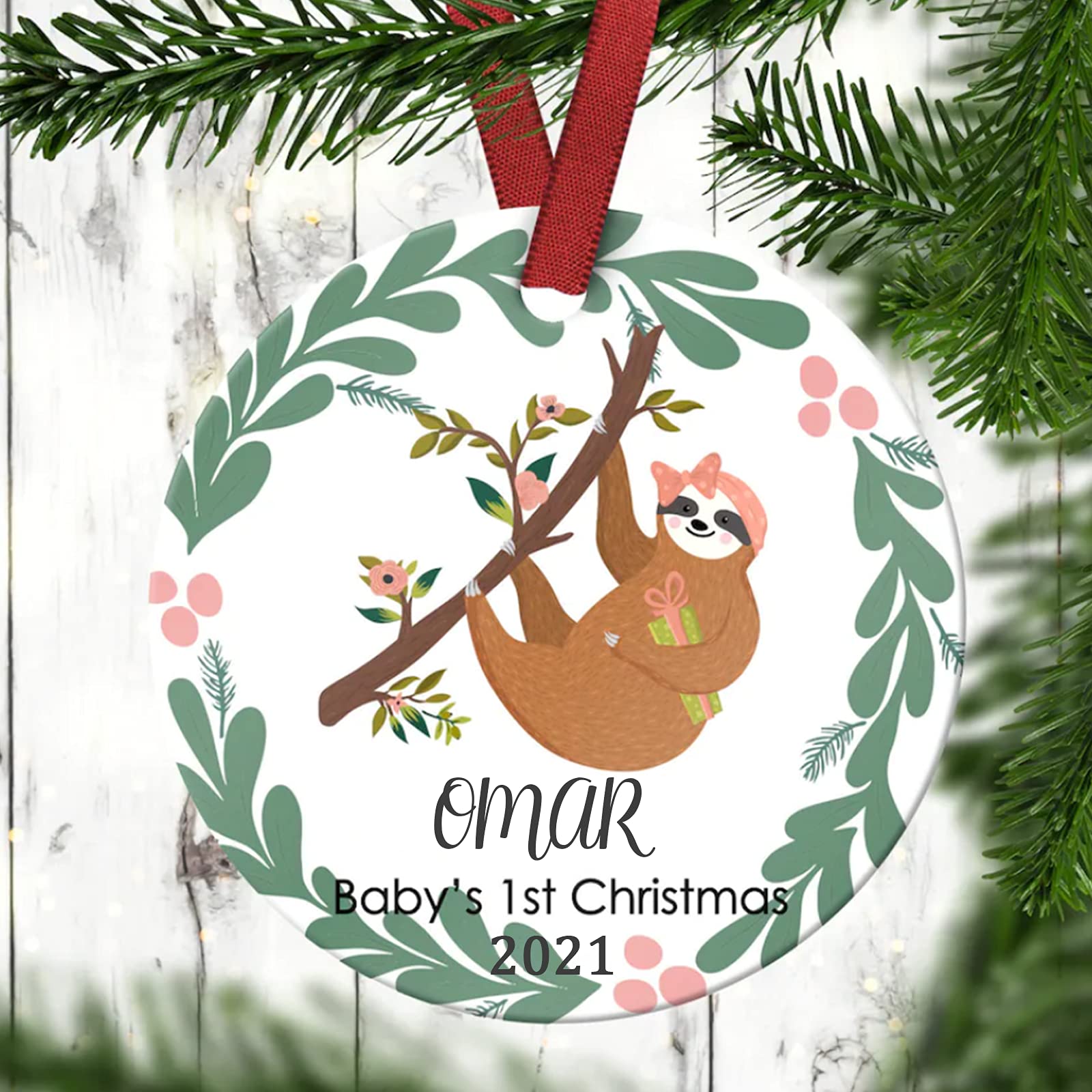 Personalized Baby Sloth Christmas Ornament - Baby's First Christmas Keepsake - Perfect for Newborn's First Holiday & Family Tree Decorations