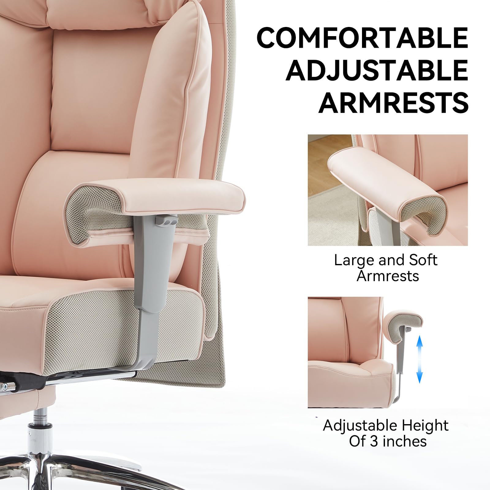 Efomao Big and Tall Office Chair 450lbs - Heavy Duty Ergonomic Executive Computer Chair with Footrest & High Back - Premium PU Leather Pink Office Chair for Home & Office Workspaces