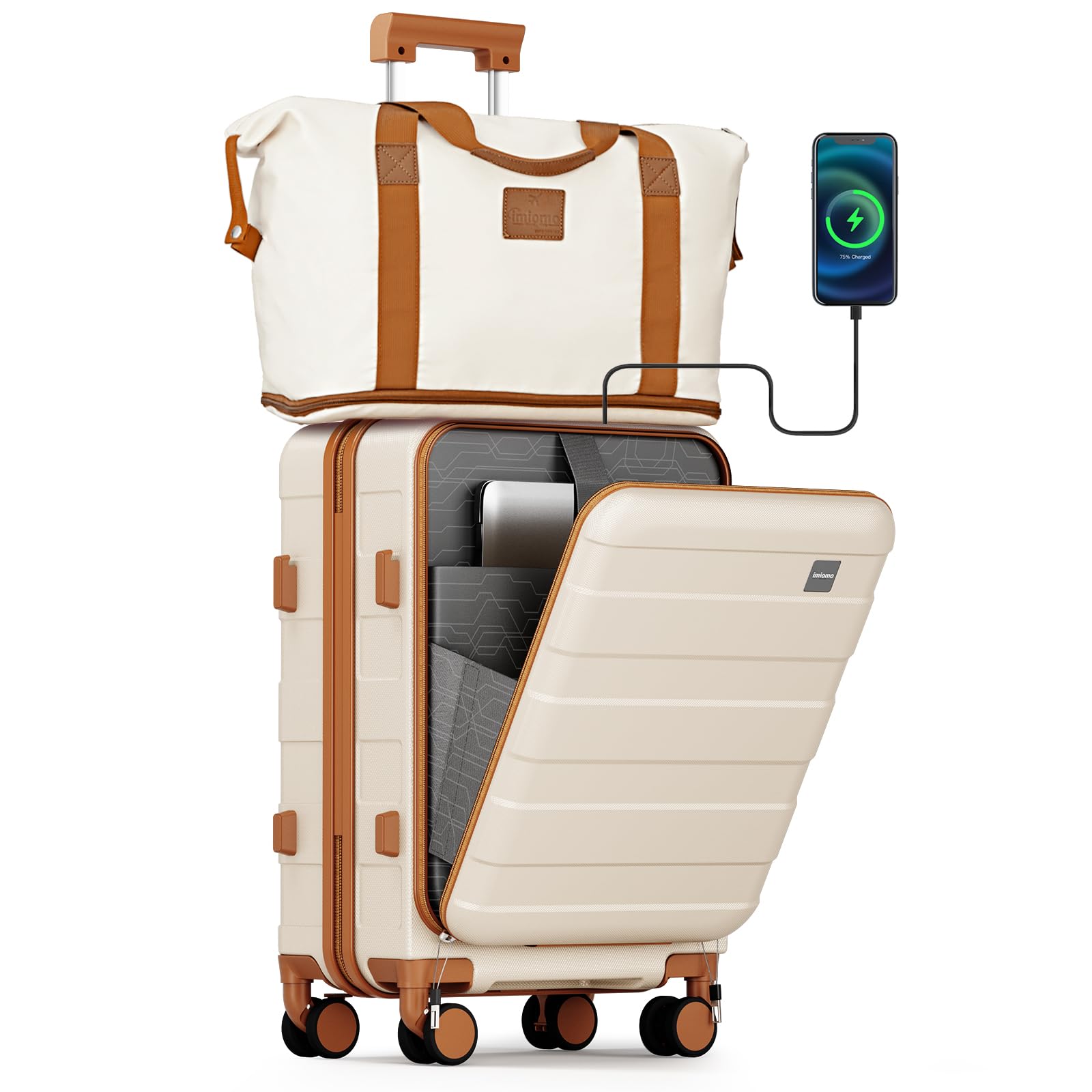 imiomo 20 Inch Airline Approved Carry on Luggage with TSA Lock - Hard Shell Spinner Wheel Suitcase with USB Charging Port (White) - Perfect for Business Travel & Weekend Getaways