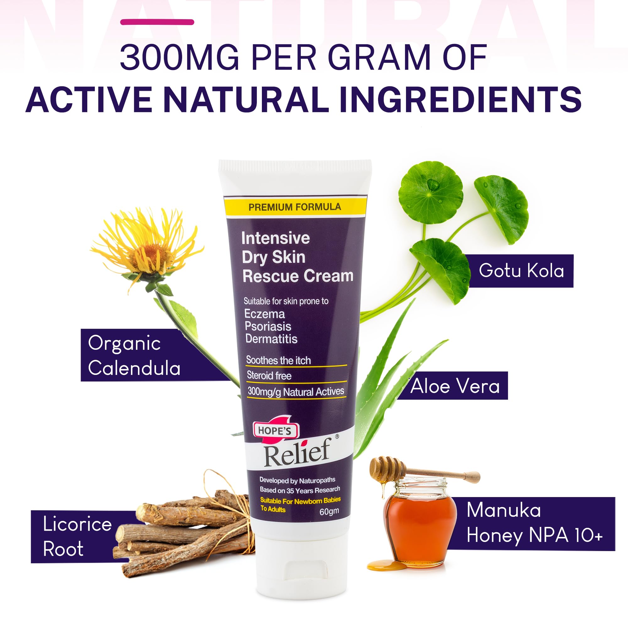 Hope's Relief Natural Intensive Dry Skin Cream - 6 Pack Bundle for Face, Hands & Body | Eczema, Psoriasis & Dermatitis Treatment | Moisturizer for Dry, Itchy & Irritated Skin | 60g Each | Perfect for Daily Hydration & Sensitive Skin Care