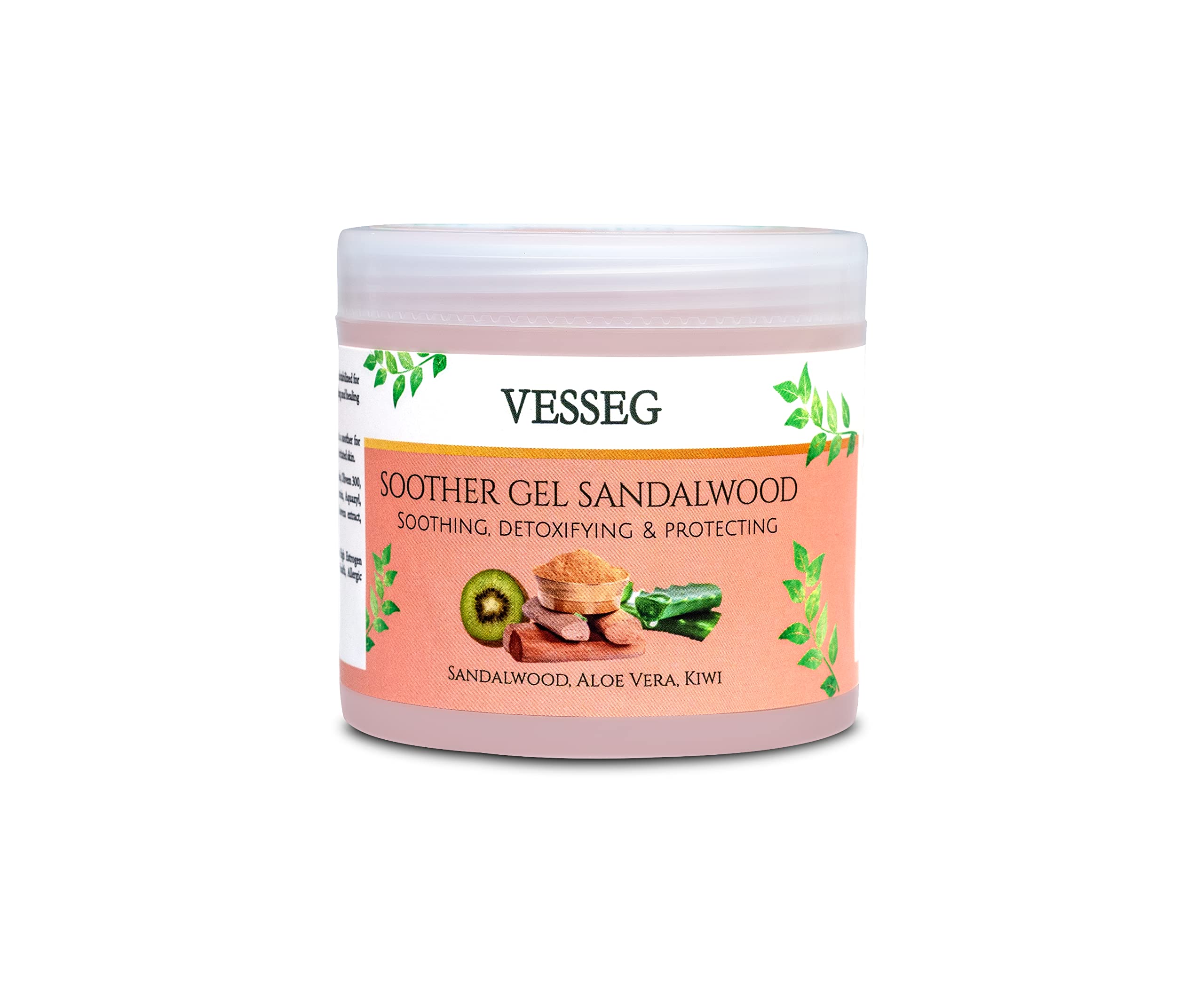 VESSEG Sandalwood Soothing Gel with Aloe Vera & Kiwi Extract - 100g Detoxifying Skin Care for Hydration, Protection & Relief - Perfect for Sunburn, Acne, and Dry Skin Treatment