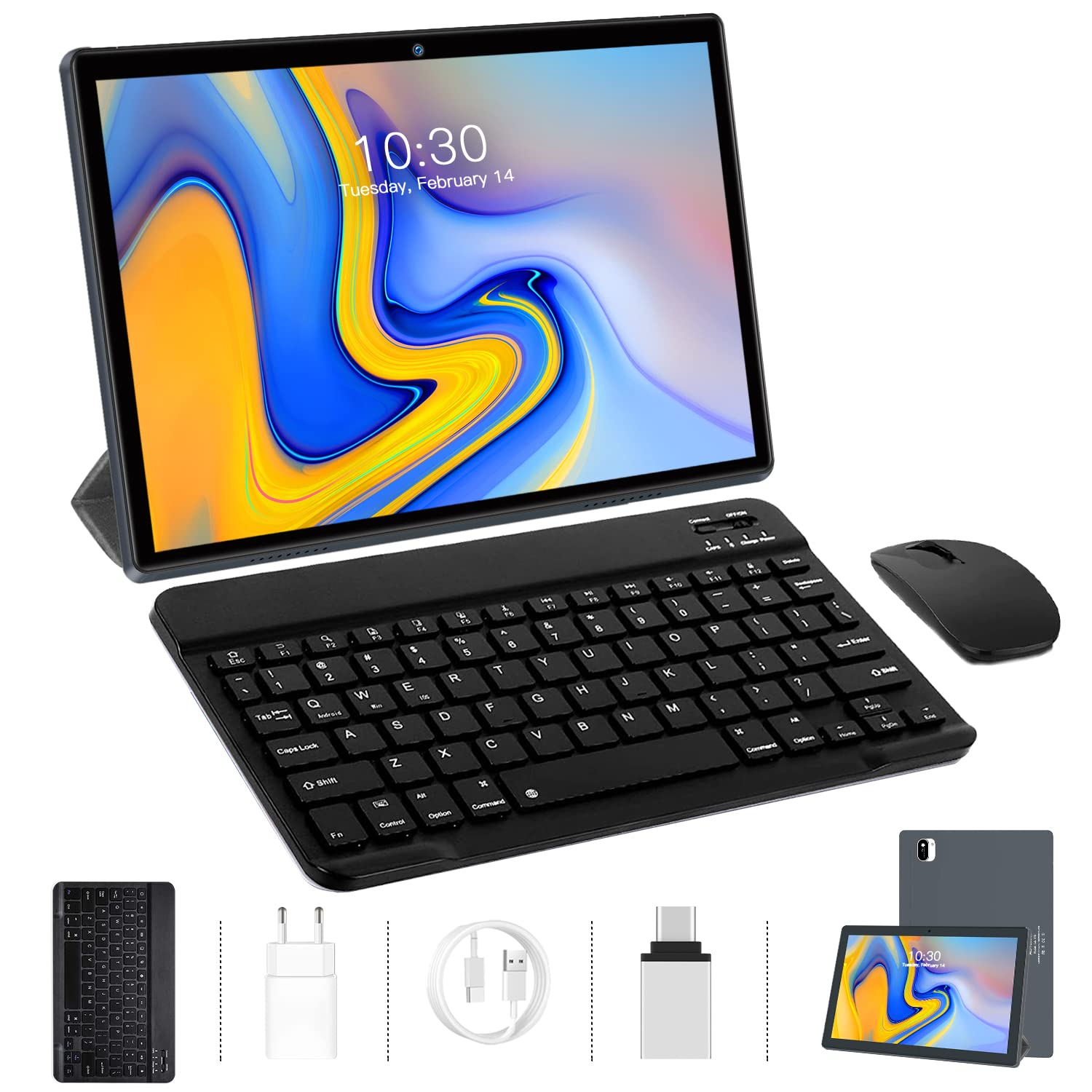 DUODUOGO 10 Inch 2-in-1 Android Tablet with Keyboard, Mouse & Stylus - 256GB Storage (Expandable), 4GB RAM, Quad-Core 1.8GHz, HD IPS Screen, Dual Camera, Bluetooth, WiFi - Perfect for Work, Study & Entertainment (Model DGO-S9)