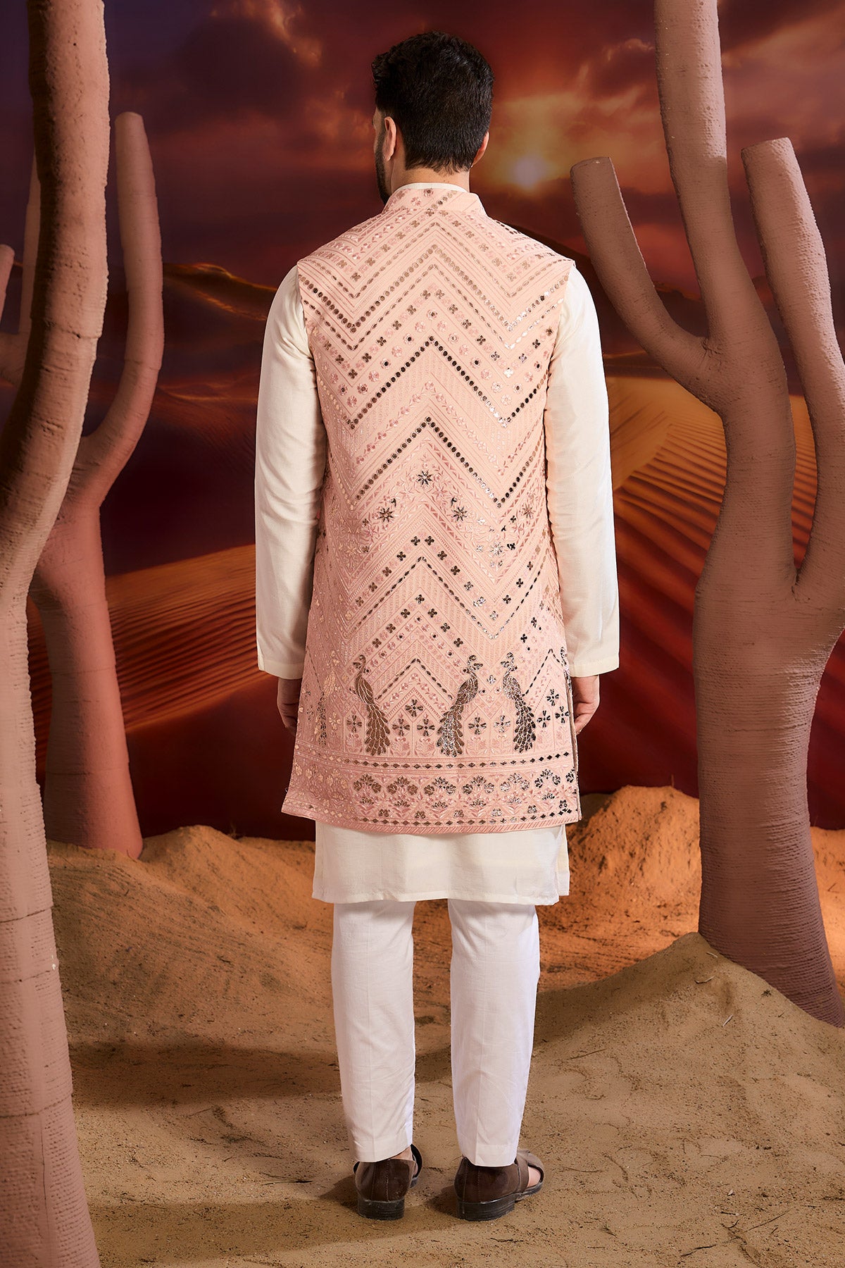 Elegant Light Pink Long Open Shrug with Intricate Leather Patchwork Floral & Animal Motifs - Perfect for Boho Chic Outfits and Evening Wear