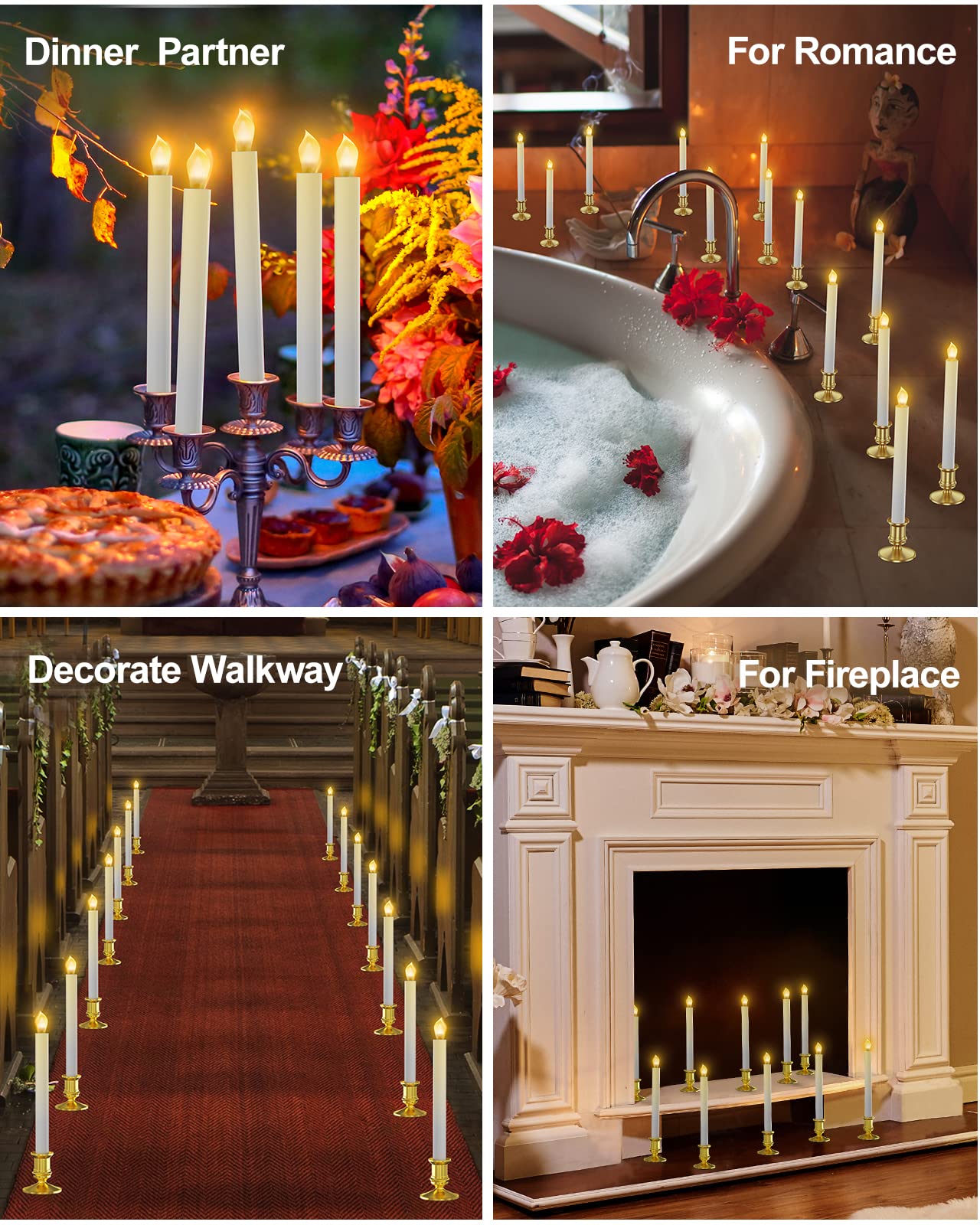 RONXS LED Window Candles with Timer - Battery Operated Flameless Flickering Candles for Christmas Decorations - Includes 2 Remote Controls & 12 Gold Candle Holders - Perfect for Holiday Home Decor, Winter Weddings, and Cozy Ambiance Lighting