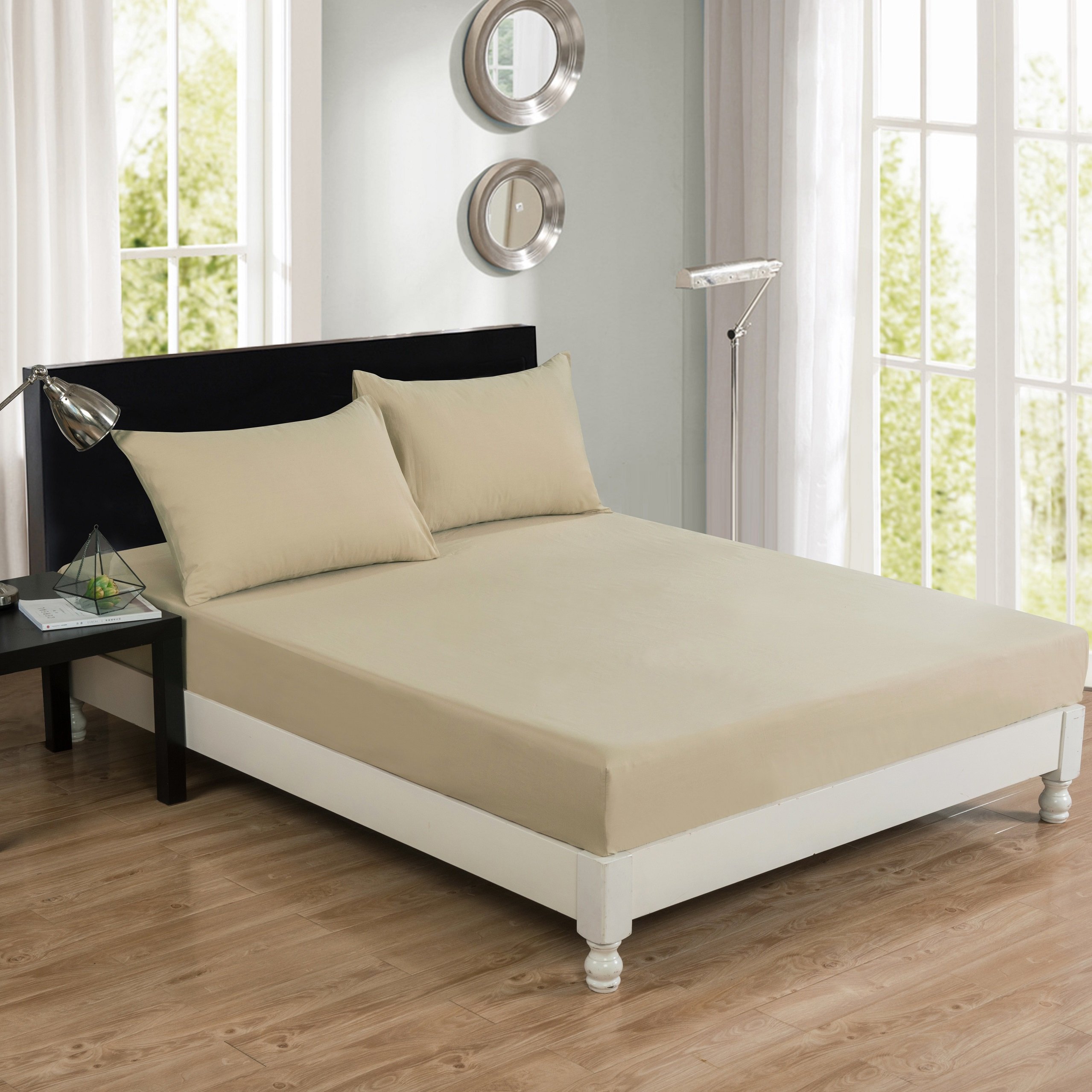 Luxury Soft Cotton Fitted Sheet with Pillow Cases - Neutral Solid Sandy Beige Tan - Twin Size - 2-Piece Bedding Set for Cozy Sleep & Guest Room Comfort