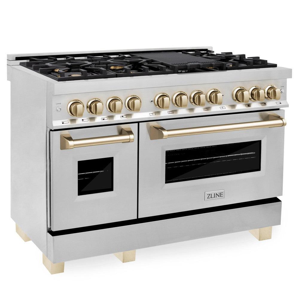 ZLINE Autograph Edition 48-inch Stainless Steel Dual Fuel Range & Range Hood Kitchen Package with Polished Gold Accents - Premium Cooking Appliance for Gourmet Chefs & Home Kitchens (2AKP RARH48 G)