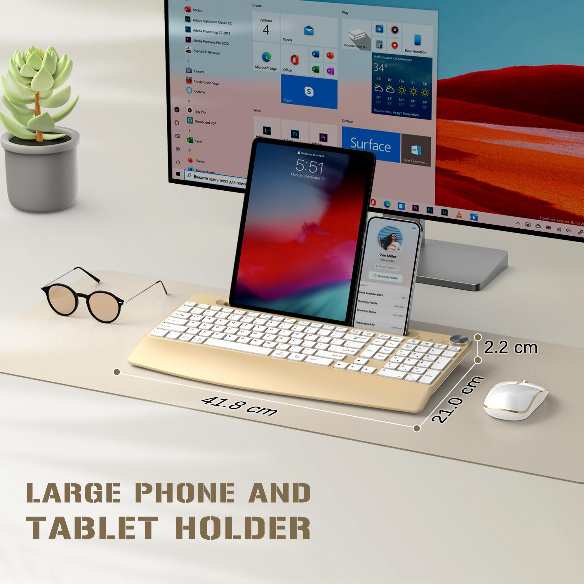 JOYACCESS Ergonomic Wireless Keyboard and Mouse Combo - Full-Sized Keyboard with Wrist Rest, Tablet Holder & Volume Control for PC, Laptop, Office & Home Use (Gold & White)