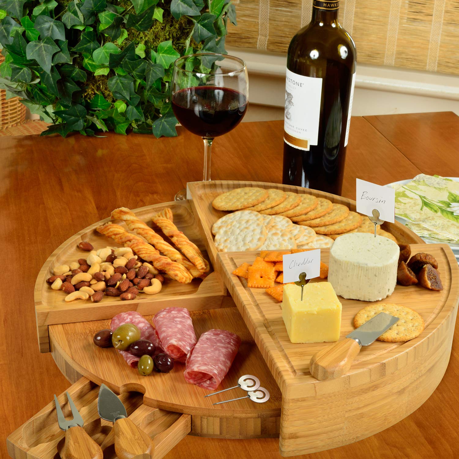 Personalized Monogrammed Bamboo Cutting Board with Knives & Cheese Markers - Engraved Charcuterie Board for Cheese, Charcuterie & Entertaining - Compact Wedge Design Expands to 18