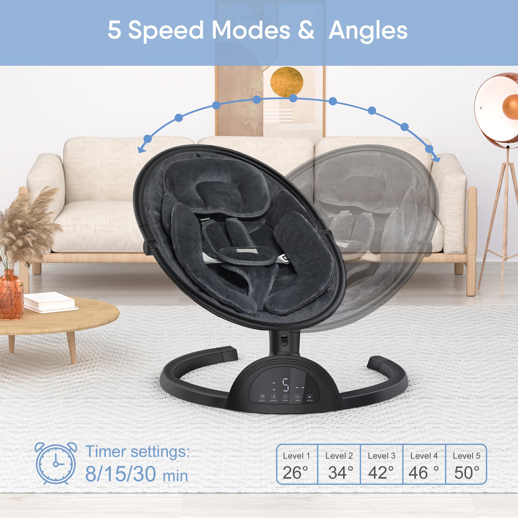 Baby Swing for Infants - Bluetooth Enabled Infant Swing with Music Speaker, 3 Adjustable Seat Positions, 5 Speed Settings & Remote Control - Portable Baby Rocker for Nursery, Travel, Indoor & Outdoor Use (Black)