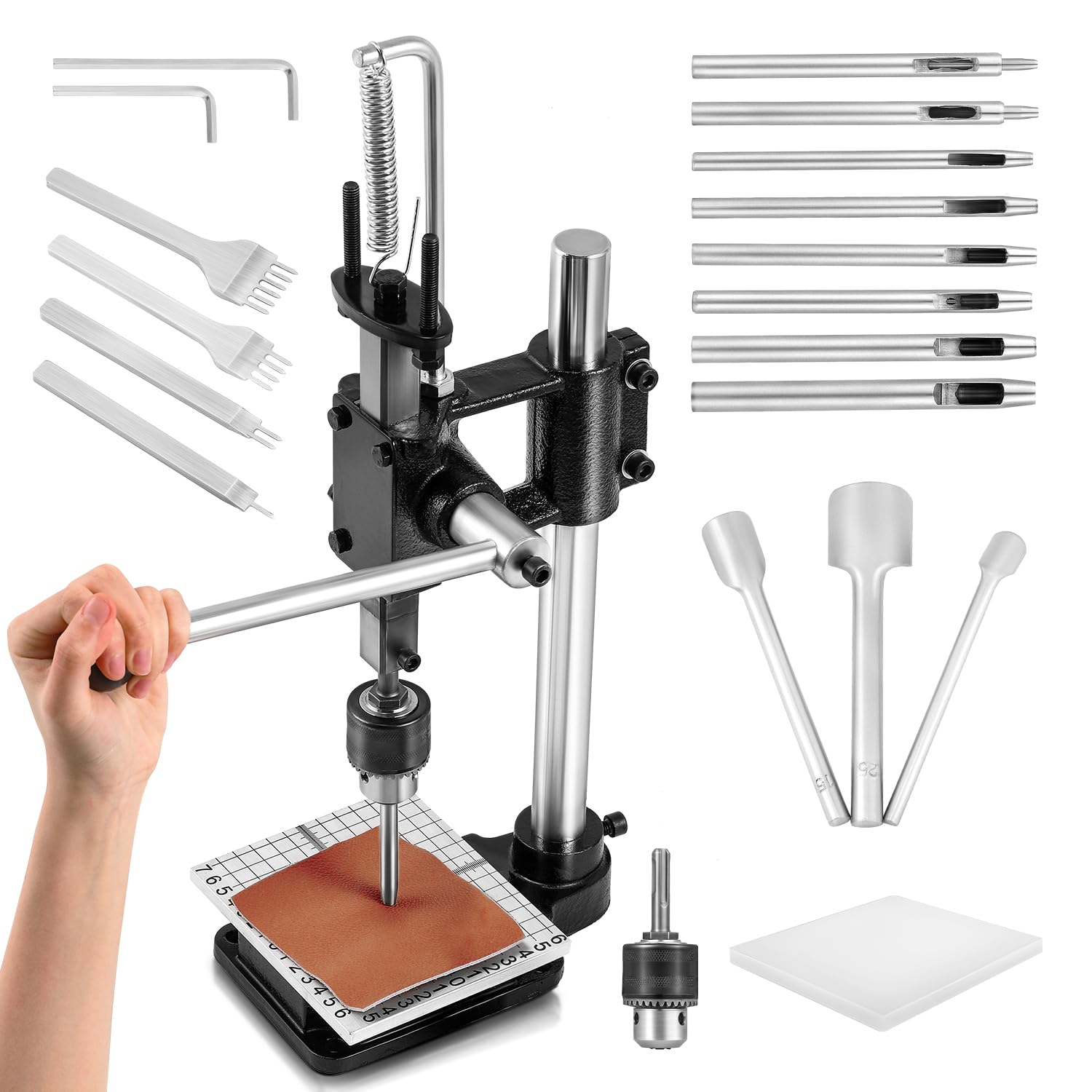 Bonvoisin Leather Hole Punch Tool Set - Manual Leather Press Machine with Punch Tools Chuck, Plastic Plate & Punches for DIY Craft, Leatherworking, and Shoe Repair