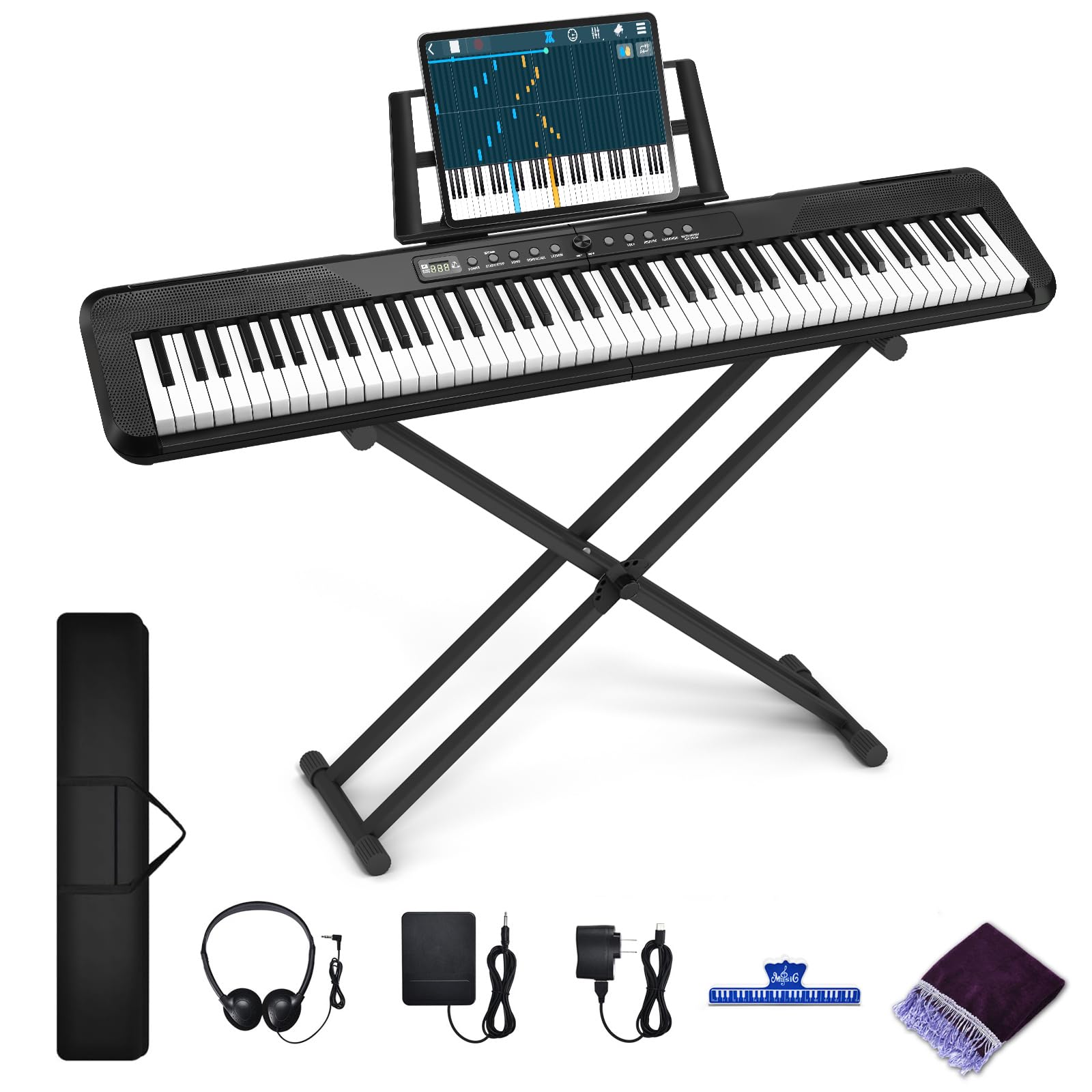 88-Key Digital Piano Keyboard with Semi-Weighted Keys - Full Size Electric Piano Kit Includes Sustain Pedal, Power Adapter, Stand, Carrying Case & Headphones - Perfect for Beginners, Home Practice & Stage Performances