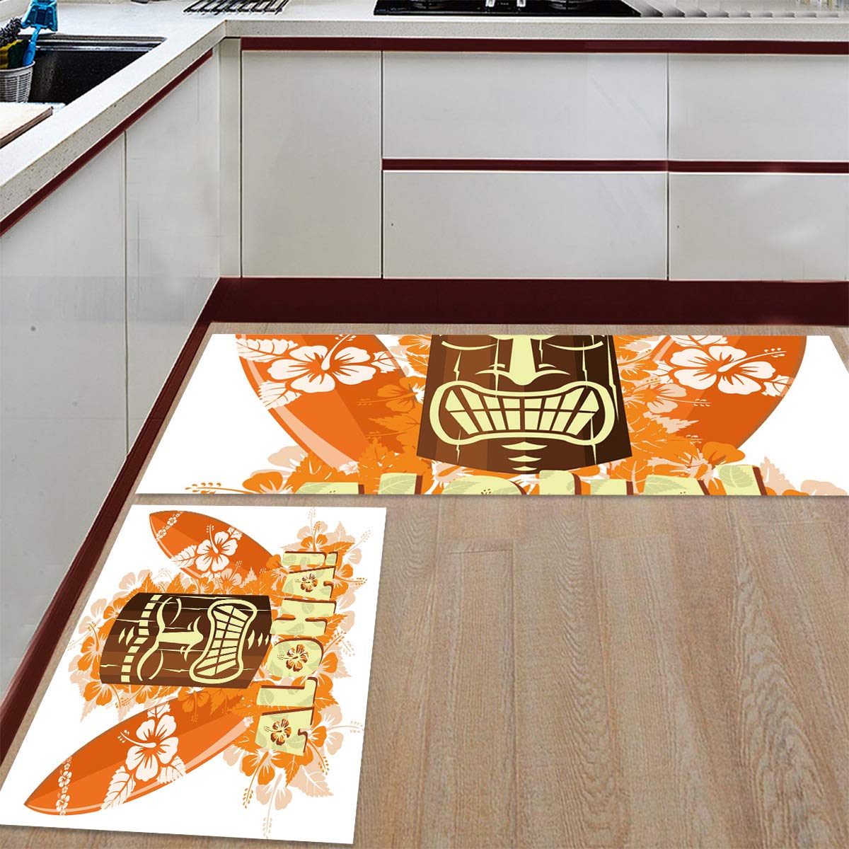 Non-Slip Kitchen Rug Set of 2 - Washable Tiki Mask with Orange Surfboard & Flowers Floor Mats - 15.7