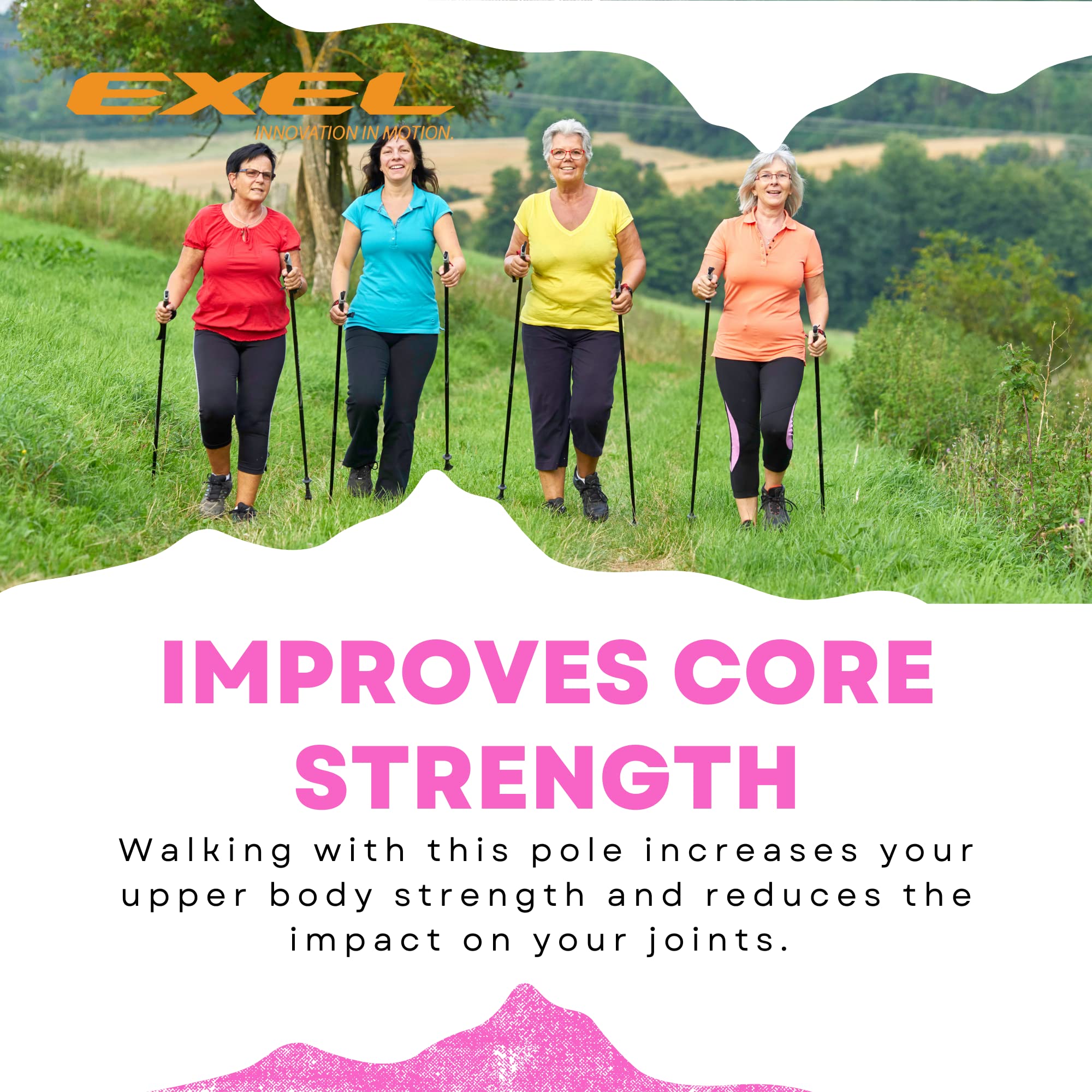 Exel Nordic Walking Poles for Seniors & All Ages - Lightweight Adjustable Trekking Poles for Hiking, Walking, Fitness & Outdoor Activities - Ergonomic Walking Sticks for Balance, Posture & Joint Support - Perfect for Trail Hikes, Urban Walking & Rehabilitation Exercises