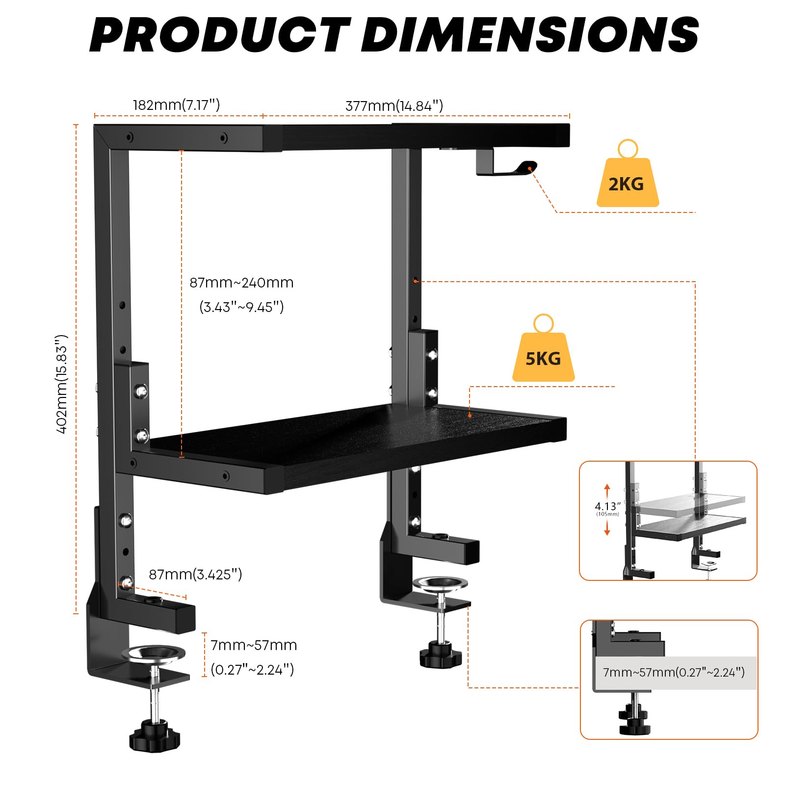 PUTORSEN 2-Tier Clamp-On Desk Shelf Organizer - Adjustable Height Monitor Stand with Hooks for Office, Gaming & Home Workspace - Black - Perfect for Desk Organization & Space Saving