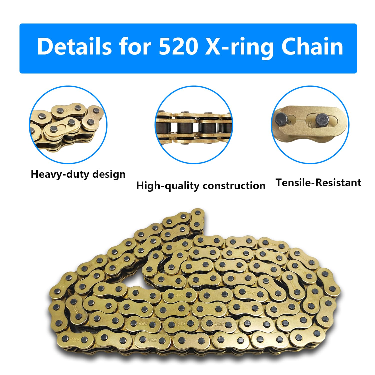 520 X-Ring Chain - 116 Links Heavy Duty Gold Motorcycle Chain with Master Link - Perfect for Dirt Bikes, Cruisers & Off-Road Riding