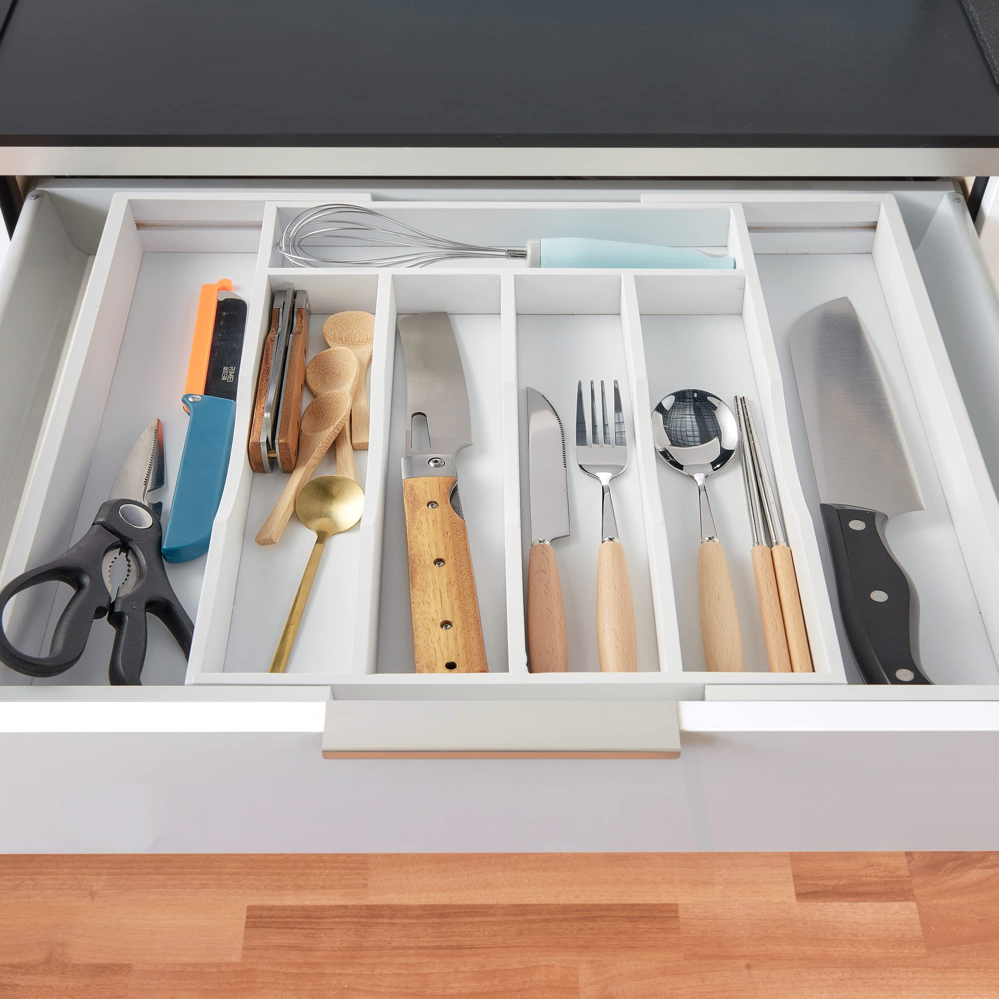 2-Piece Expandable Bamboo Kitchen Drawer Organizer - Adjustable Bamboo Wood Cutlery Tray for Flatware, Utensils, and Silverware - Perfect for Kitchen Drawer Storage and Organization (White)