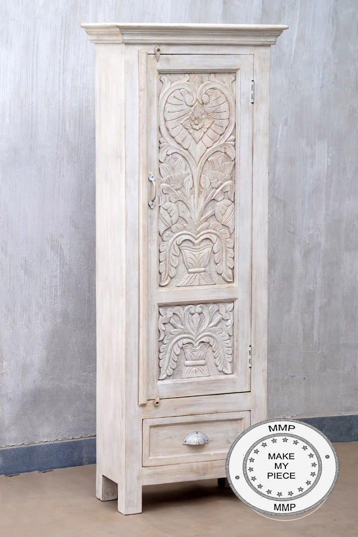 Hand Carved Indian Wooden Floral Wardrobe Cabinet - Small White Storage for Bedroom, Closet & Home Decor | Perfect for Organizing Jewelry, Scarves & Accessories
