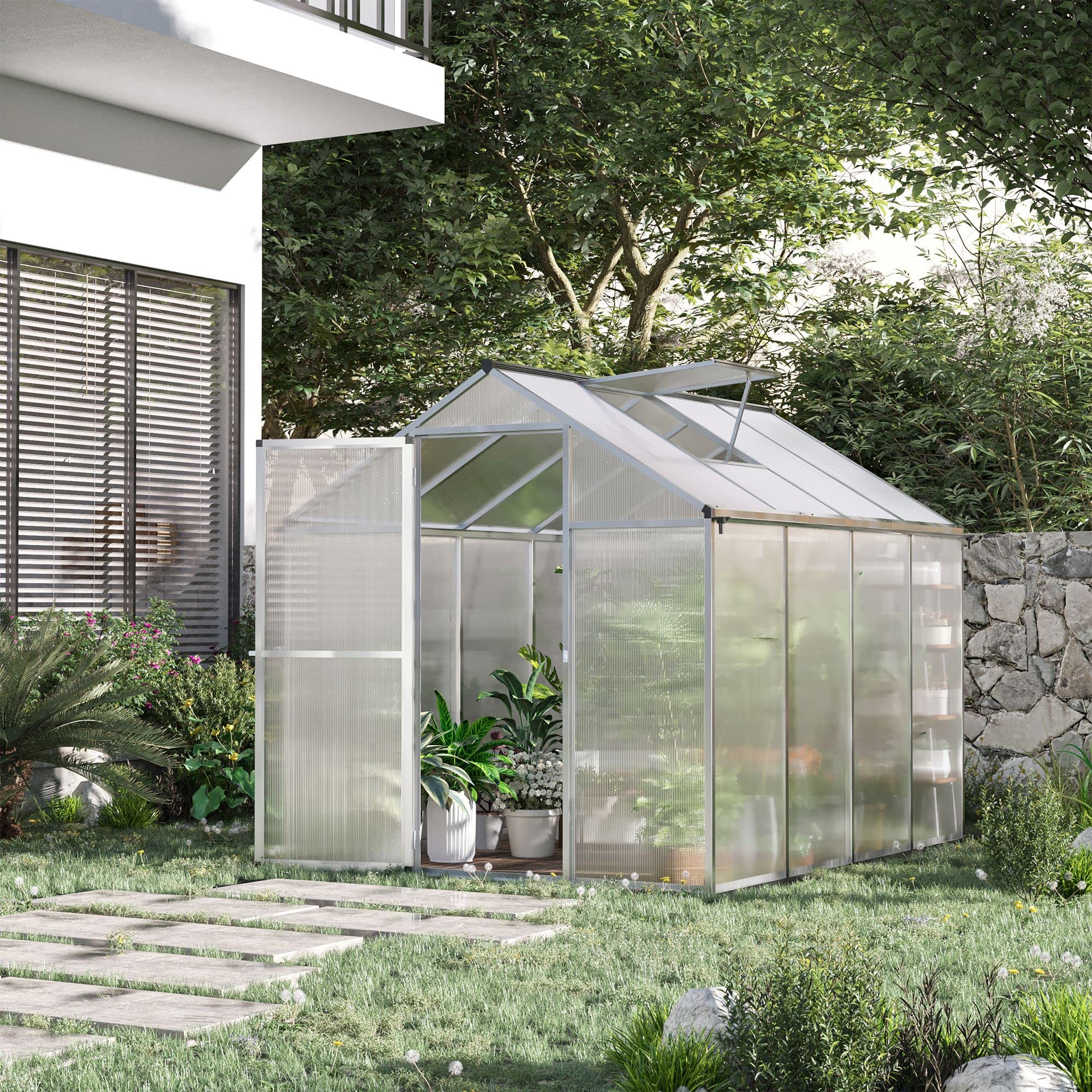 Outsunny 8' x 6' Polycarbonate Walk-in Greenhouse for Outdoor Garden - Durable Aluminum Frame with Rain Gutter & Roof Vent - Perfect for Backyard, Patio & Home Gardening