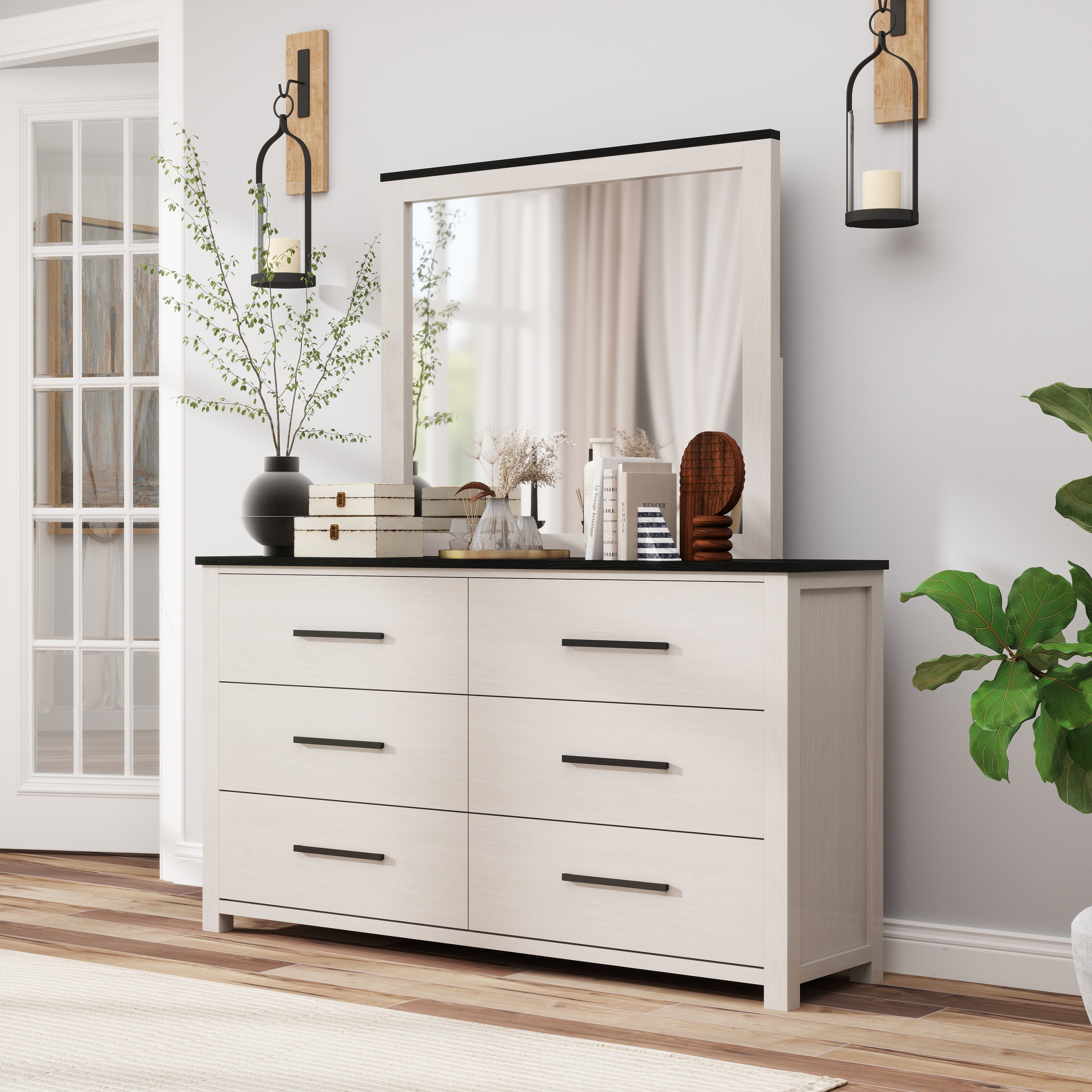 Roundhill Furniture Realynn 6-Drawer Bedroom Dresser with Mirror, Off White Finish - Stylish Storage Solution for Bedroom, Closet & Nursery Organization