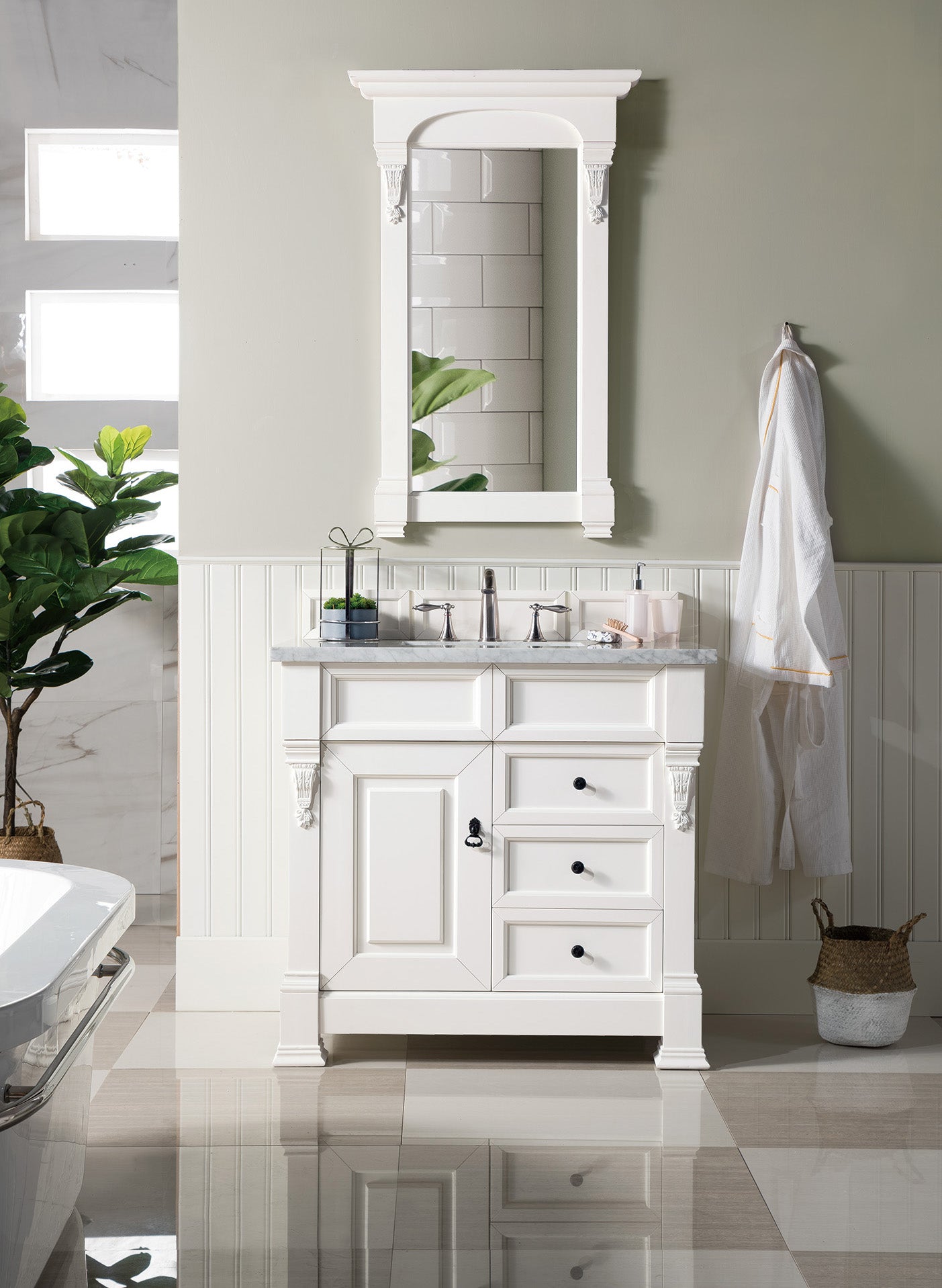 Brookfield 36 Inch Single Bathroom Vanity Set with Bright White Finish & 3CM Carrara Marble Countertop - Perfect for Modern Master Bathrooms and Guest Baths