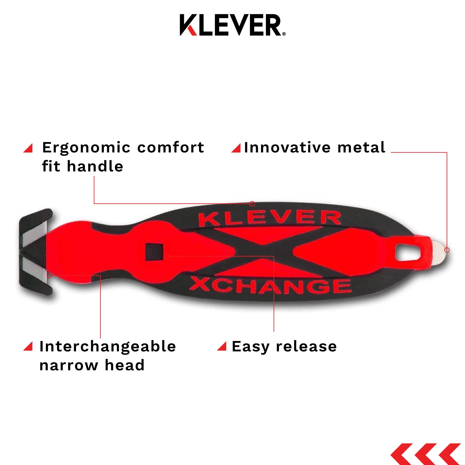Klever X-Change Box Cutter Utility Knife - 10 Pack with Carbon Steel Blade (KCJ-XC-20R) | Narrow Cut Head for Opening Packages, Boxes, Film & Tape | Durable Red Safety Cutter for Warehouse, Shipping & Home Use