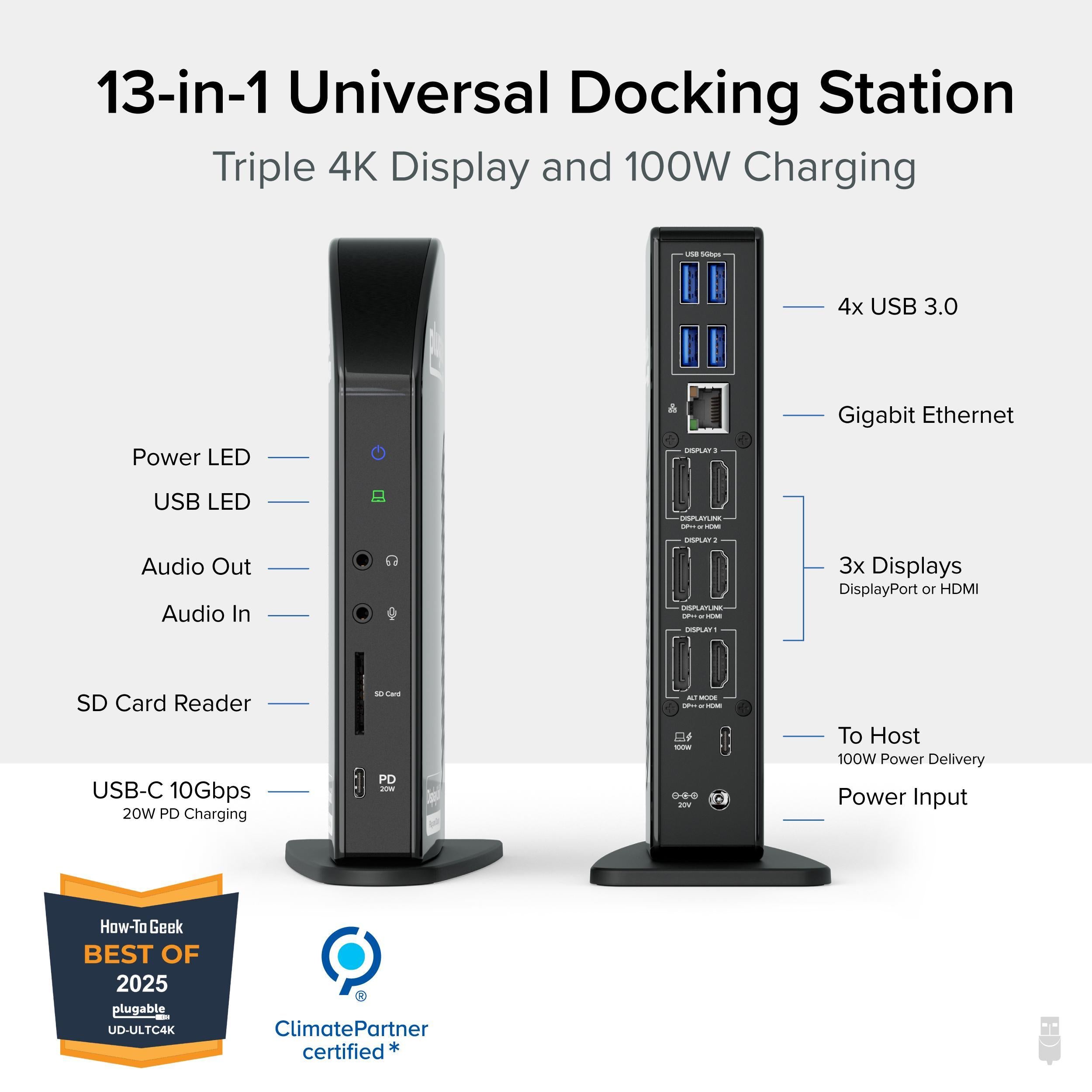 Plugable USB C Triple 4K Monitor Docking Station with 100W Laptop Charging - 3 Display HDMI Adapter for MacBook Pro/Air, Dell, HP - Perfect for Home Office, Gaming & Video Editing Setup