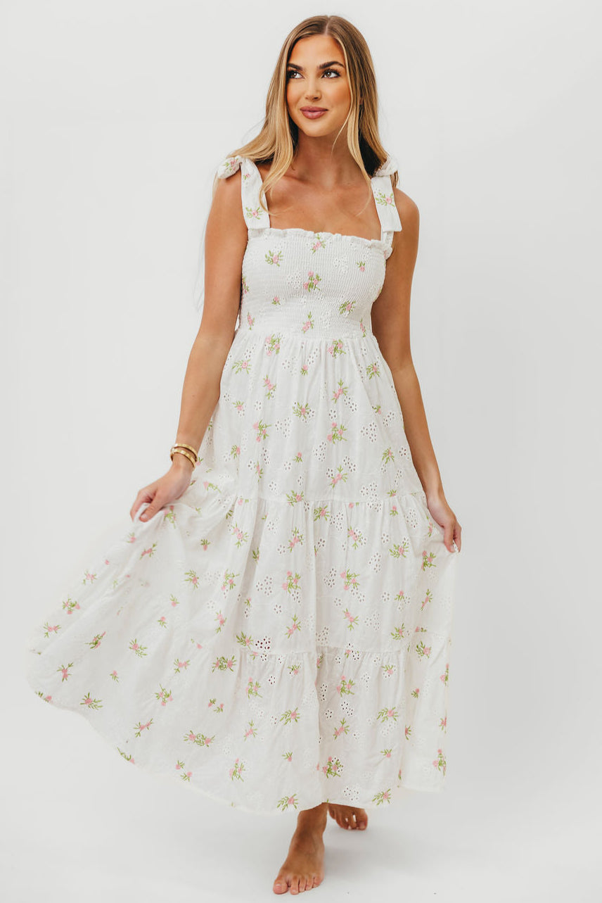 Brinley Embroidered Floral Summer Dress for Women - White & Pink A-Line Sundress | Perfect for Beach Vacation, Garden Party & Date Night Outfits