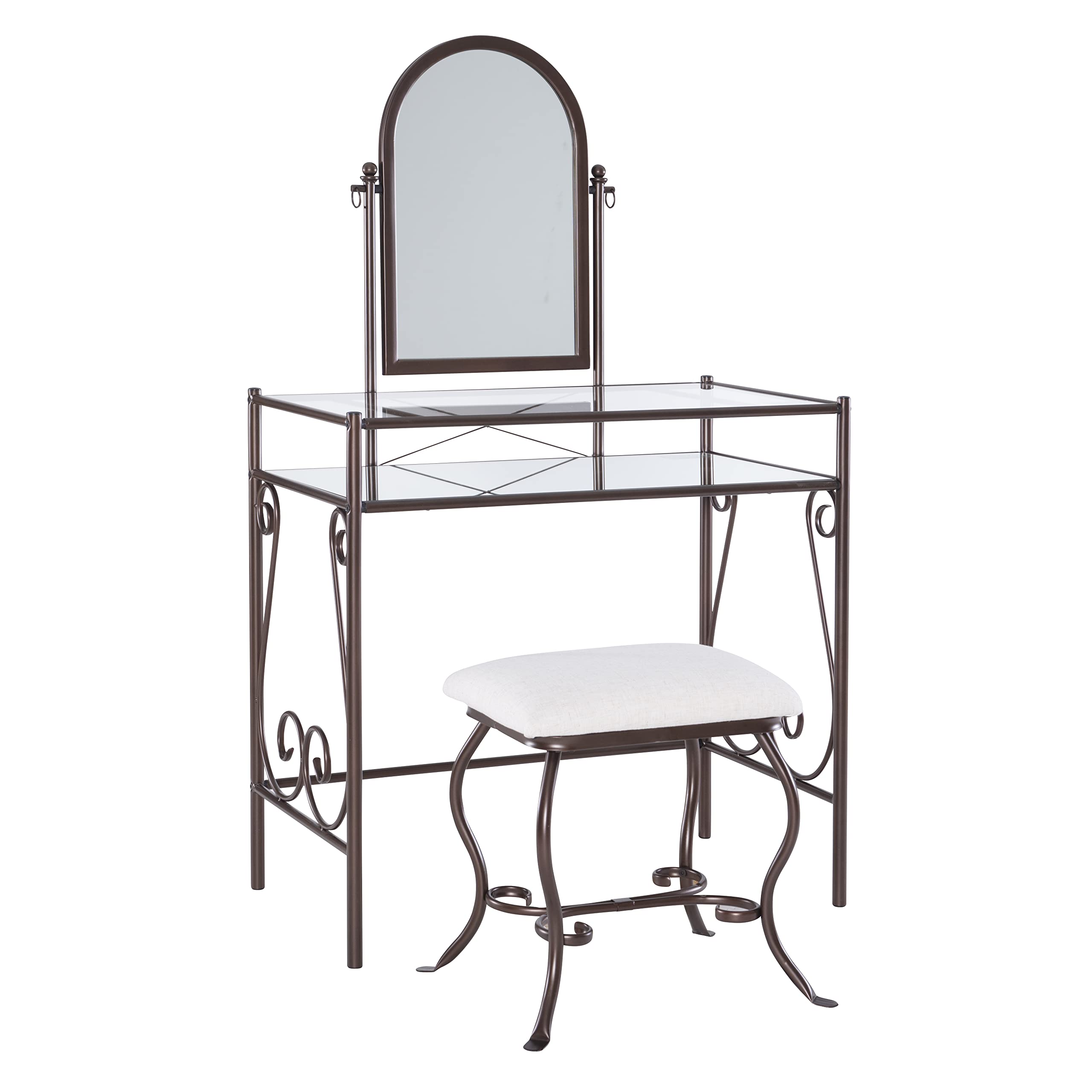 Linon Clarisse Vanity Set - Dark Metal Dressing Table with Upholstered Stool, 52.4 x 31.8 x 18.3 Inches - Perfect for Bedroom Makeup & Jewelry Organization