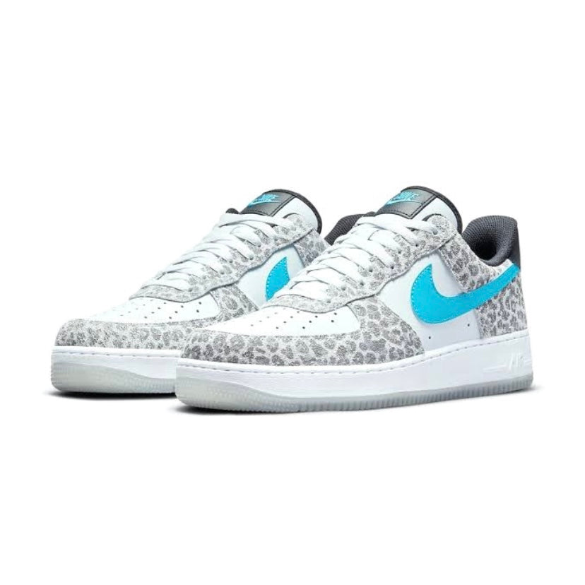 Nike Air Force 1 Low Sneakers - Leopard Print, Blue Fury & Black Grey Colorway | Men's Casual Shoes for Streetwear & Everyday Wear