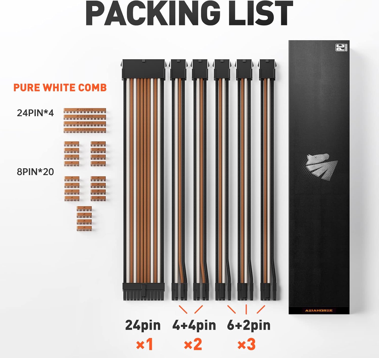 Asiahorse 16AWG PSU Extension Cable Kit - Brown & Off White Sleeved Custom PC Mod Cables (6-Piece Set) for Gaming PC Build, RGB Setup & Cable Management