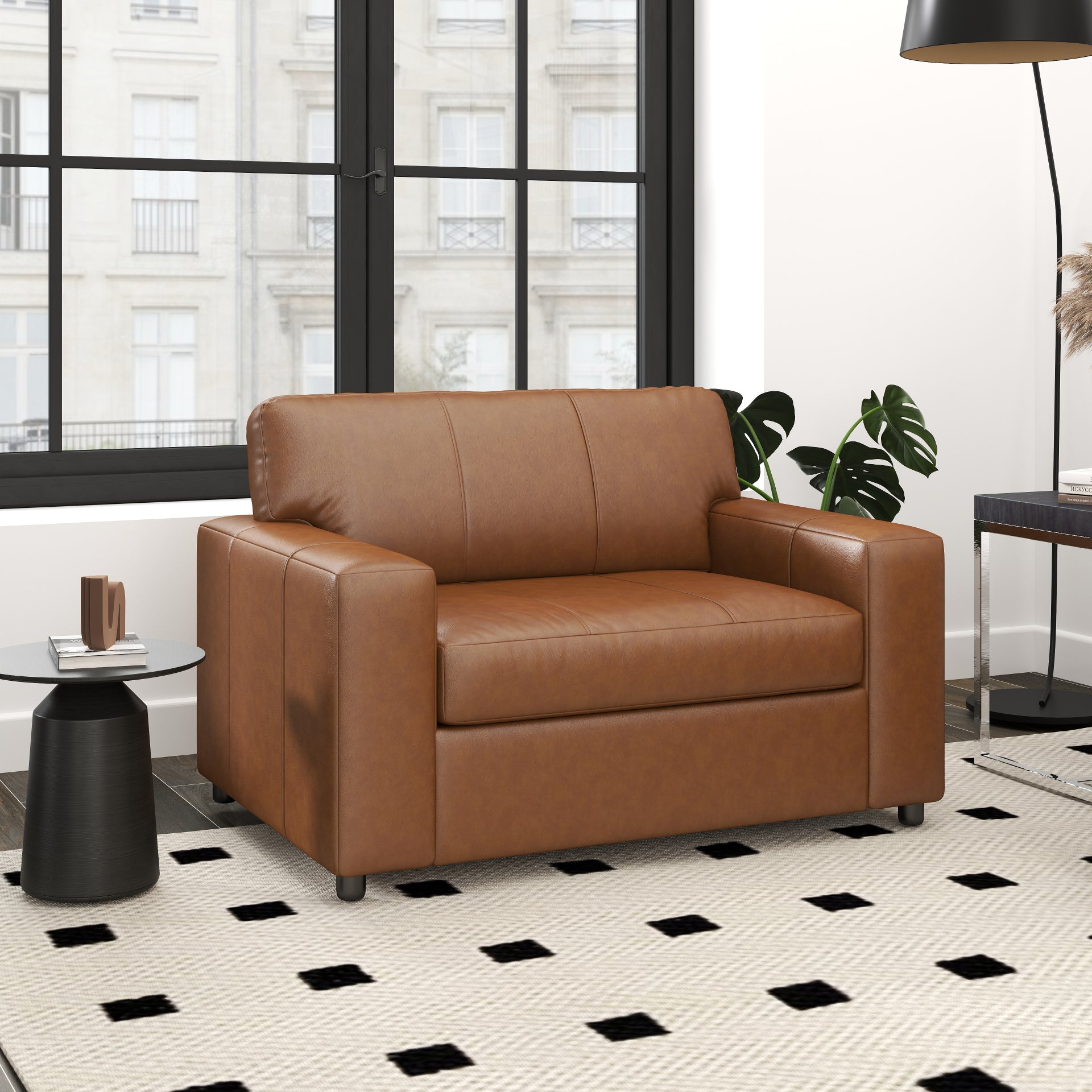 Roundhill Furniture Sakan Genuine Leather Upholstered Cutler Lounge Chair - Modern Living Room Accent Chair for Home Office & Reading Nook