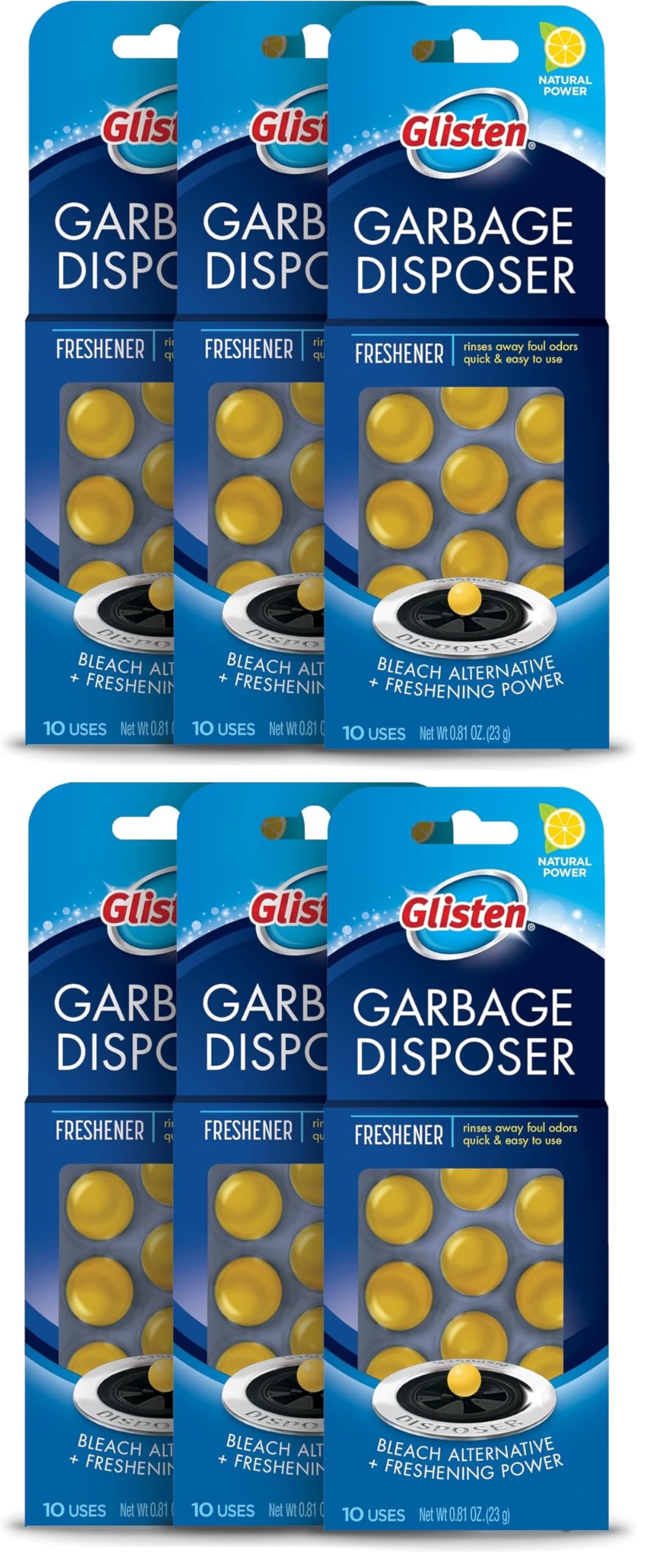 Glisten Garbage Disposal Cleaner & Freshener - Lemon Scent, 6 Pack | Eliminates Odors & Cleans Kitchen Sink Drains | Perfect for Daily Use in Homes & Apartments