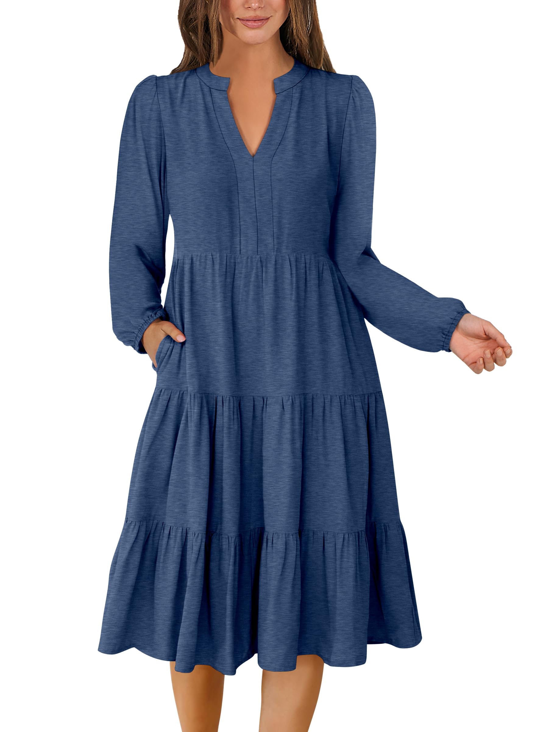ANRABESS Women's Long Sleeve V-Neck Flowy Swing Dress - 2025 Spring Casual Tiered Maxi Dress for Vacation, Beach, Party & Everyday Wear