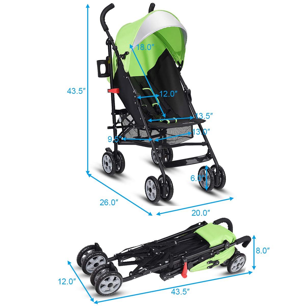 HONEY JOY Lightweight Compact Baby Stroller for Travel - Adjustable Canopy & Reclining Seat with 5-Point Safety Harness, Cup Holder & Storage Basket | Foldable Umbrella Stroller for Toddlers | Perfect for Airplane, Shopping & Daily Walks (Green)