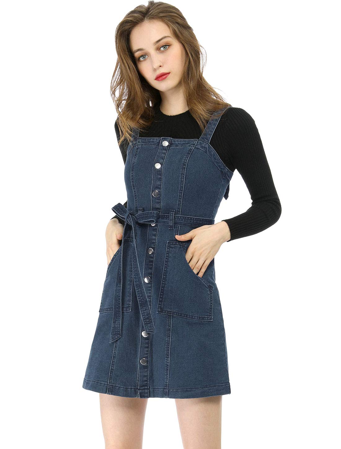 Allegra K Women's Classic Denim Pinafore Dress with Adjustable Straps - Vintage Overalls Style Jean Dress for Casual Outings, Brunch & Spring Fashion