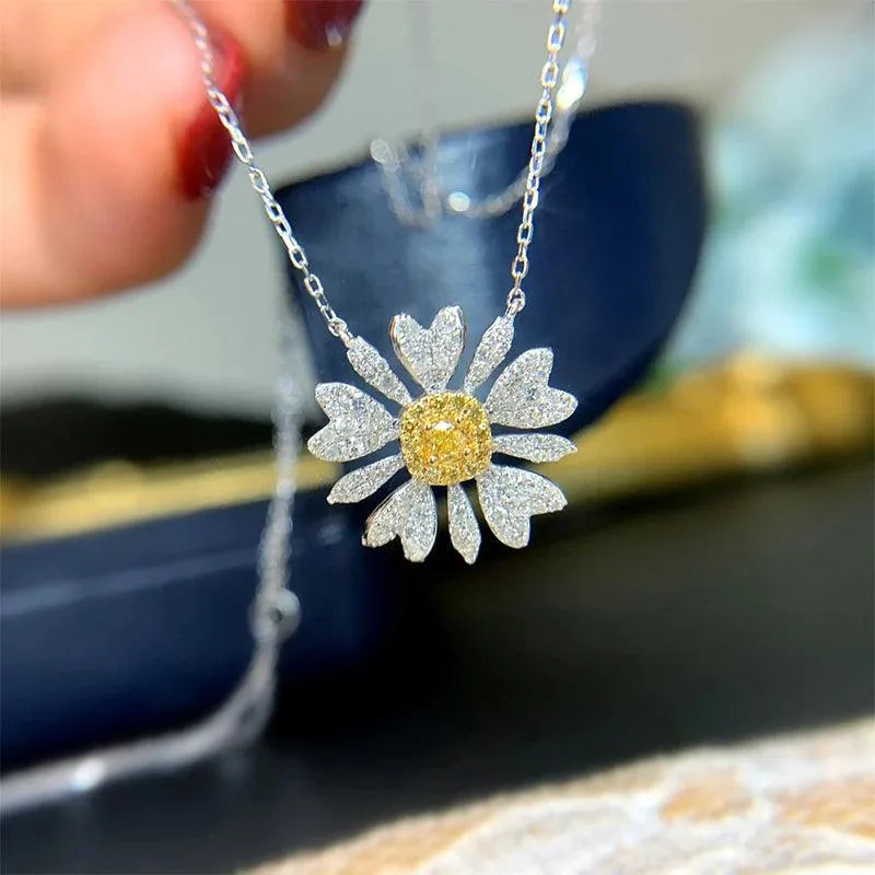 18K White Gold Necklace with Real Yellow Diamond Chrysanthemum Pendant for Women - Elegant Wedding Gift, Birthday Present & Anniversary Jewelry - Perfect for Special Occasions, Date Nights and Formal Events