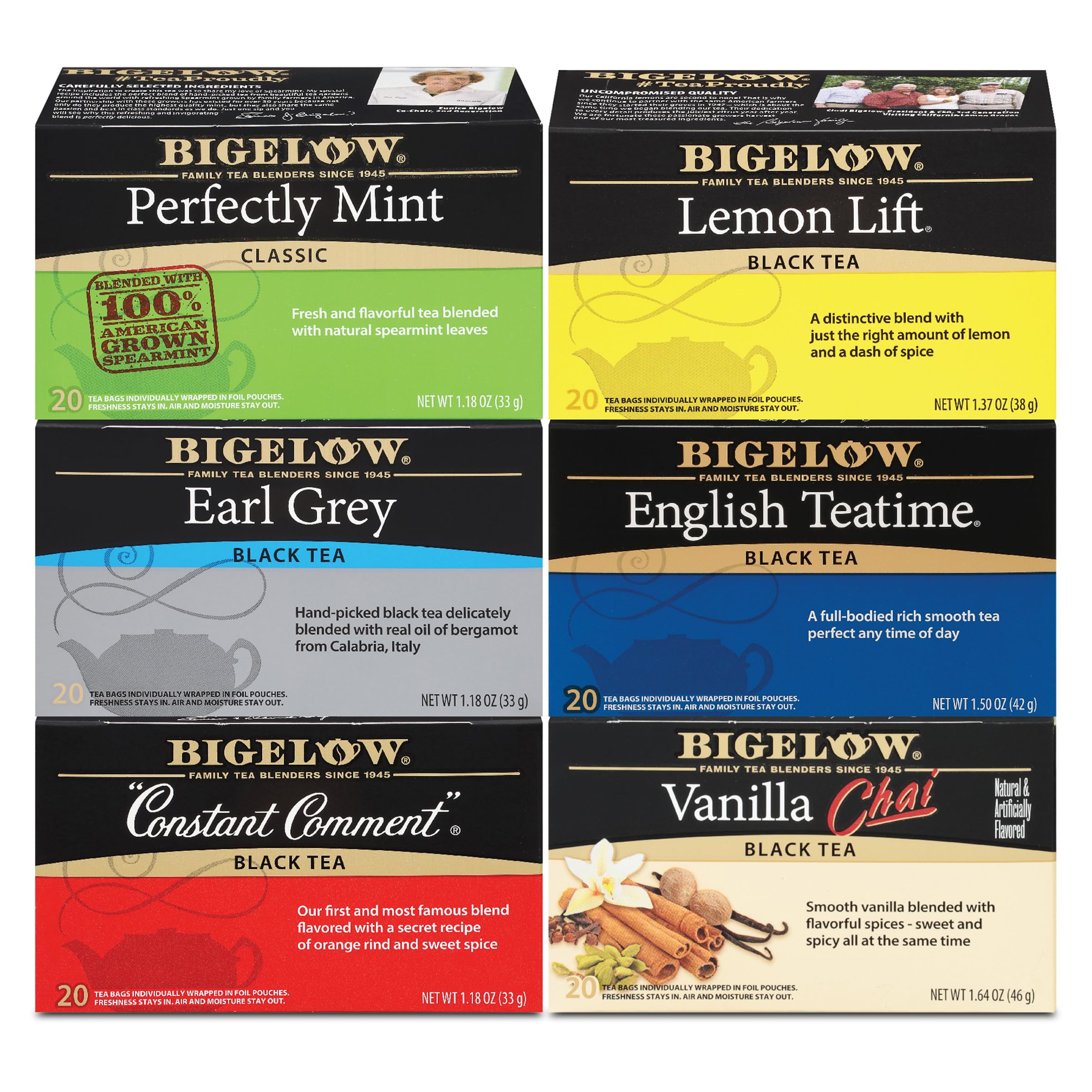 Bigelow Tea Black Tea 6 Flavor Variety Pack - Caffeinated Tea Bags with Mint, Lemon, Earl Grey & More (120 Count) - Perfect for Office, Home & Gifting