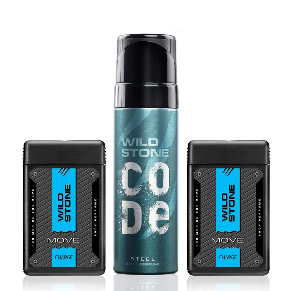 Wild Stone Charge & Code Steel Perfume Combo for Men - 18ml Pocket Perfume & 120ml Body Spray (Pack of 3) | Long-Lasting Fragrance for Work, Date Night & Daily Use