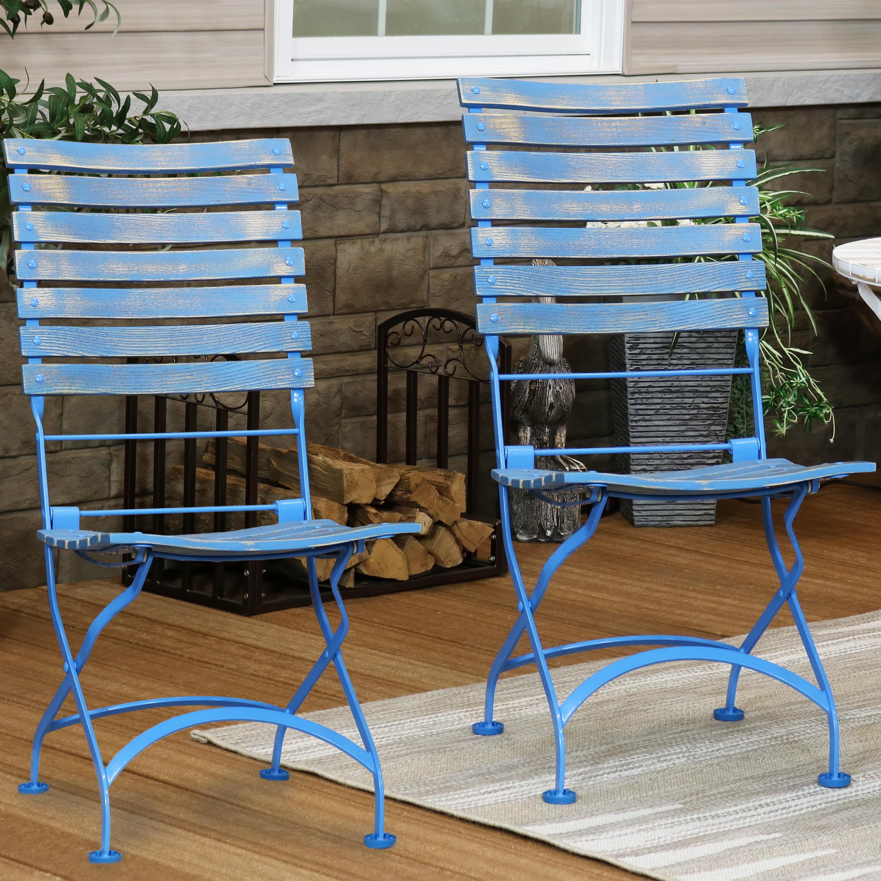 Sunnydaze Cafe Color Folding Bistro Chair - Chestnut Wood Frame with Blue Cushion - Perfect for Outdoor Dining, Patio, Garden & Small Spaces
