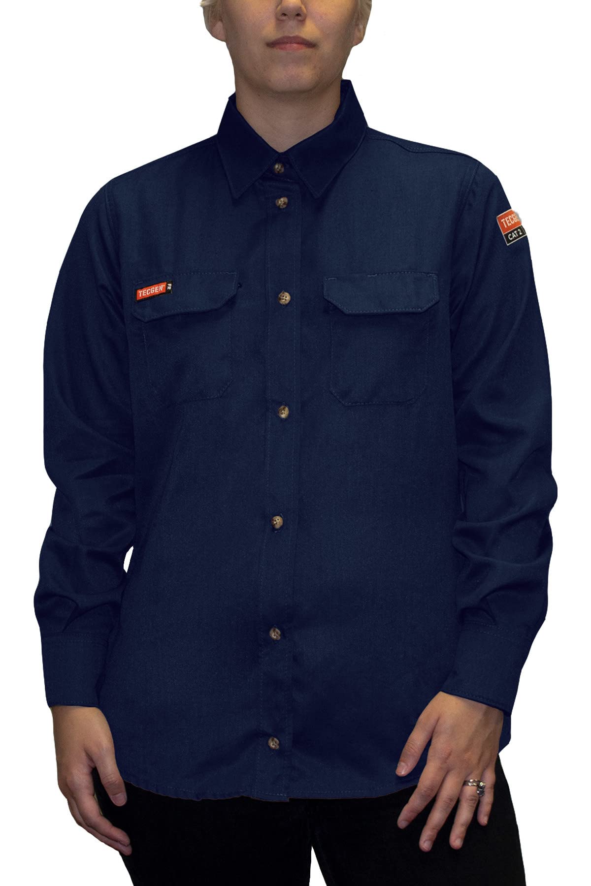 DRIFIRE Women's Standard Work Shirts - Navy Blue Long Sleeve Button Down Shirt for Professionals, X-Large - Perfect for Office, Construction & Outdoor Work Wear