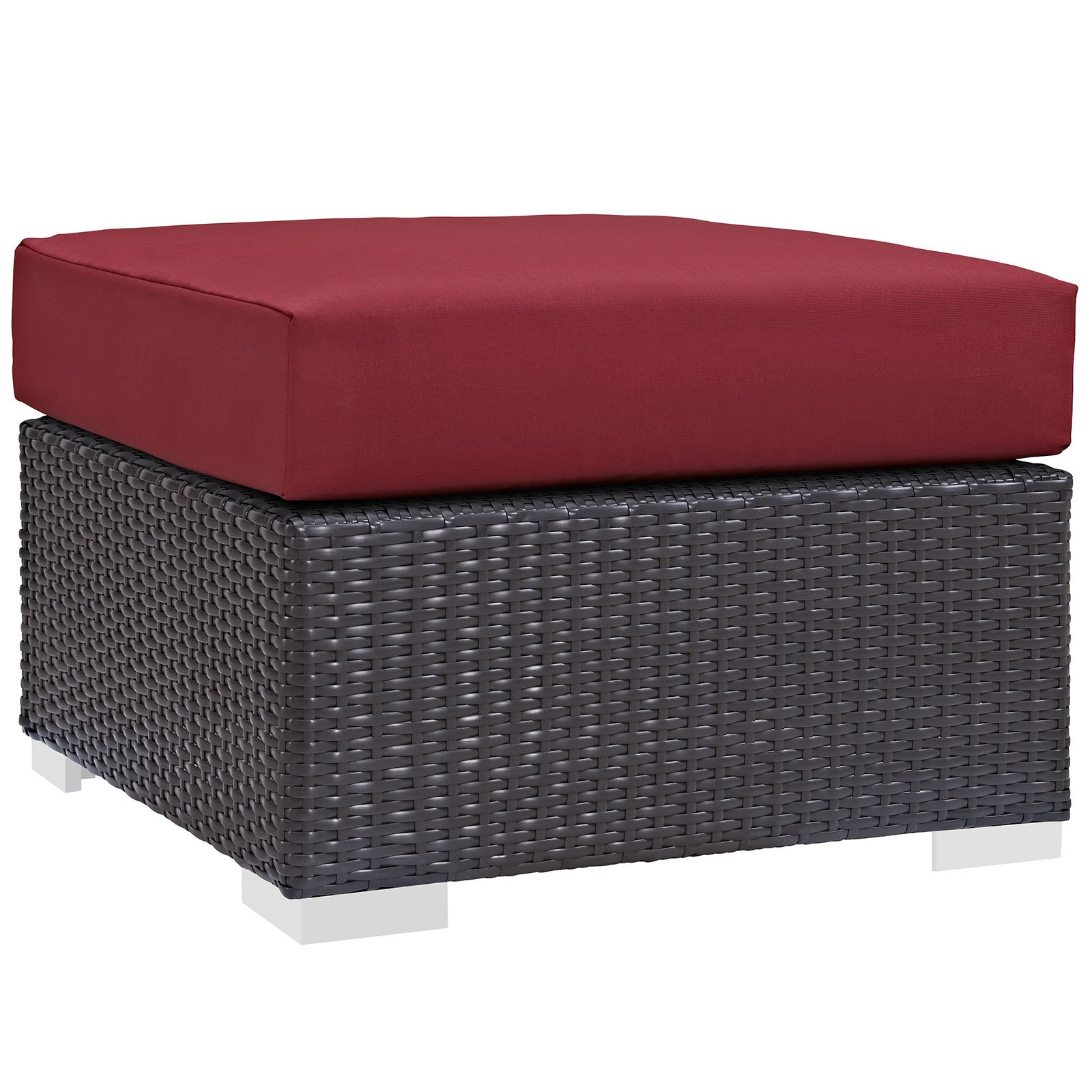 Modway Convene Wicker Rattan Outdoor Patio Square Ottoman with Cushions - Espresso Red - Perfect for Garden, Poolside & Backyard Relaxation