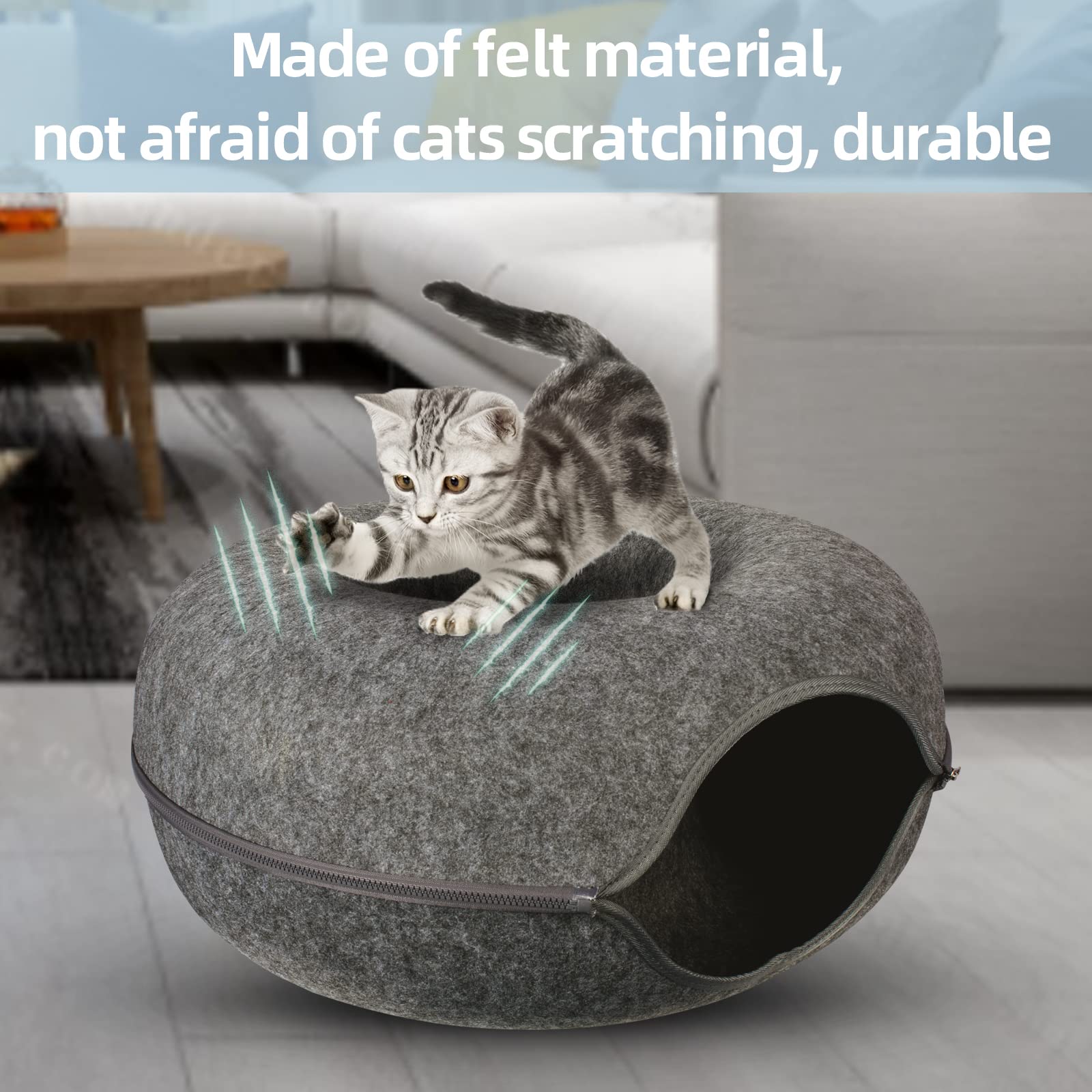 Large Cat Tunnel Bed for Indoor Cats - Peekaboo Cat Cave & Hideaway with Detachable Round Felt, Washable Interior (24x24x11 inches) - Dark Gray | Perfect for Playtime, Napping & Stress Relief